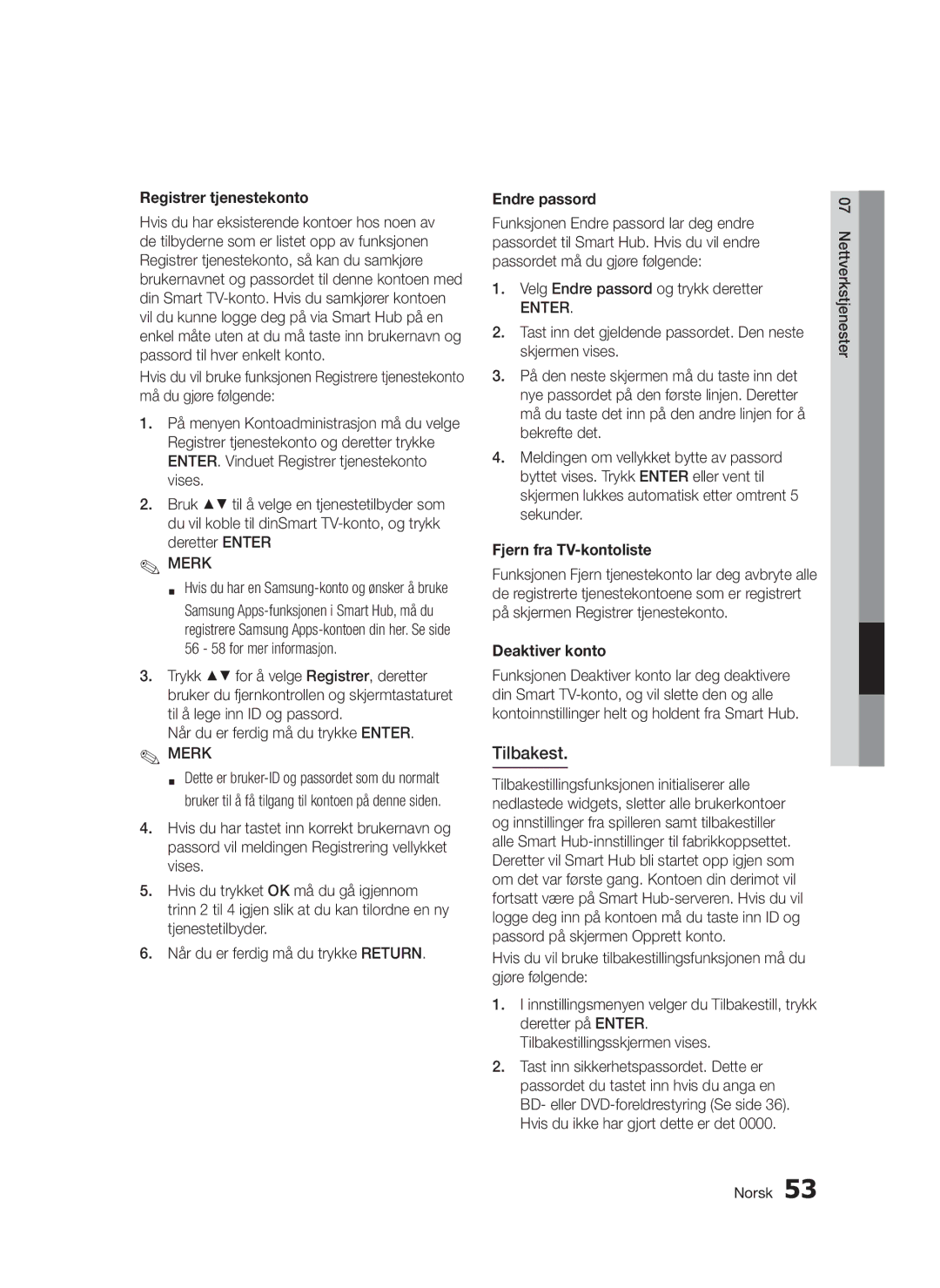 Samsung BD-D5300/XE manual Tilbakest, Registrer tjenestekonto, Endre passord, Fjern fra TV-kontoliste, Deaktiver konto 