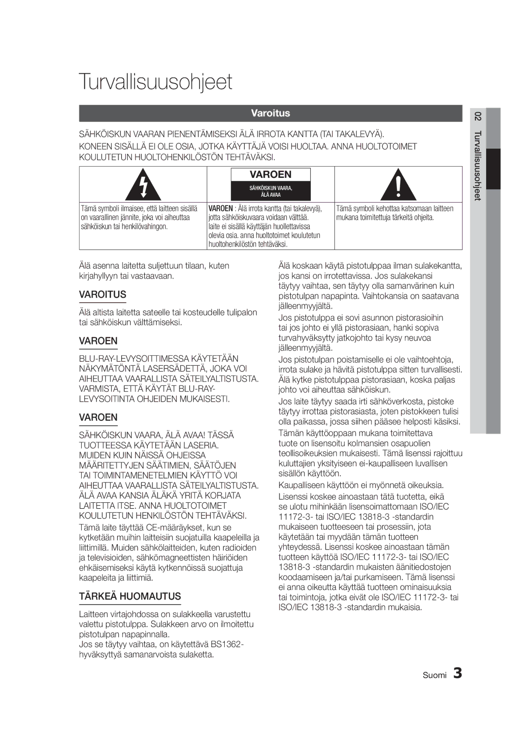 Samsung BD-D5300/XE manual Turvallisuusohjeet, Varoitus, Varoen, Mukana toimitettuja tärkeitä ohjeita 