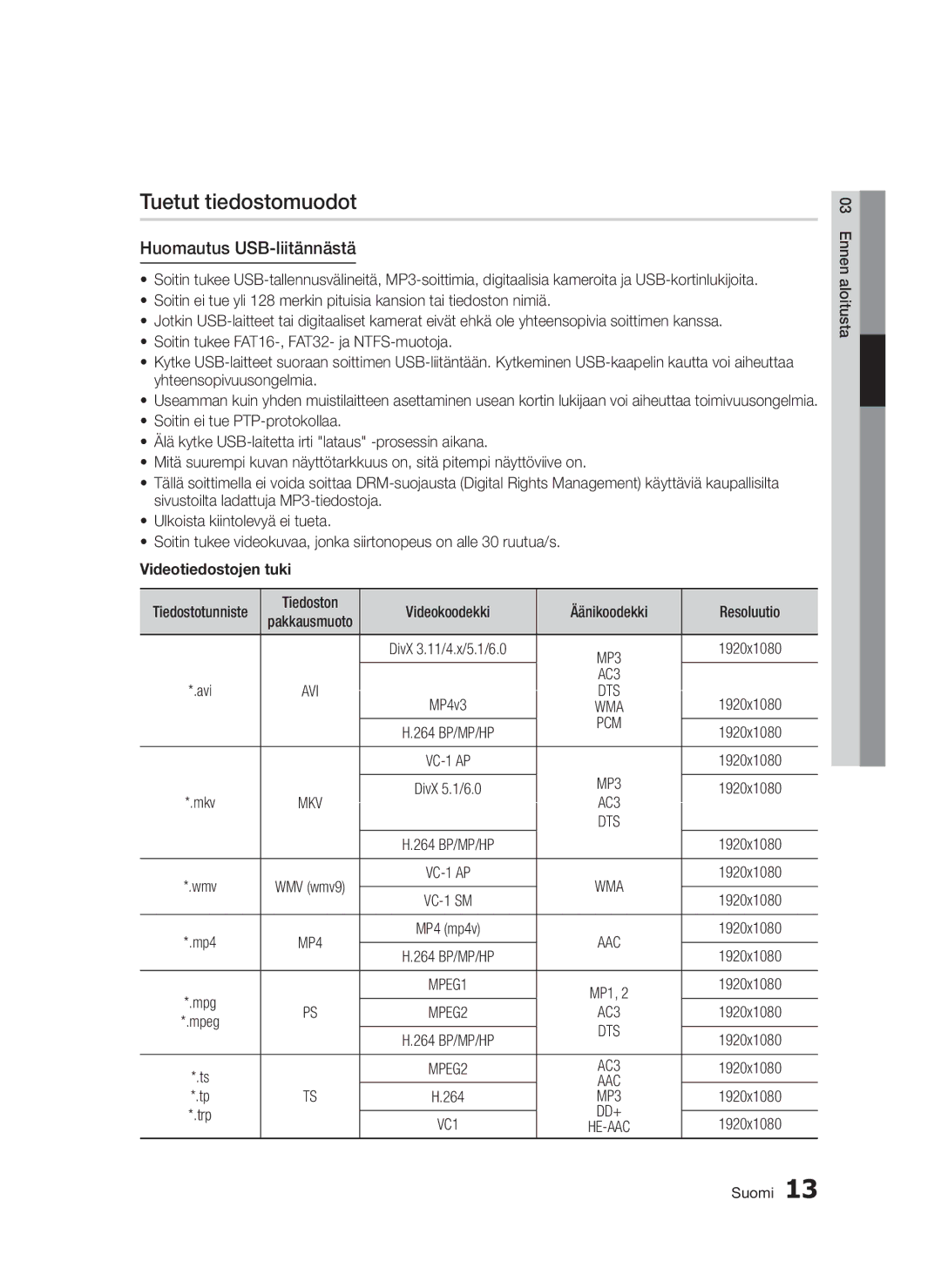 Samsung BD-D5300/XE manual Tuetut tiedostomuodot, Huomautus USB-liitännästä, Videotiedostojen tuki 