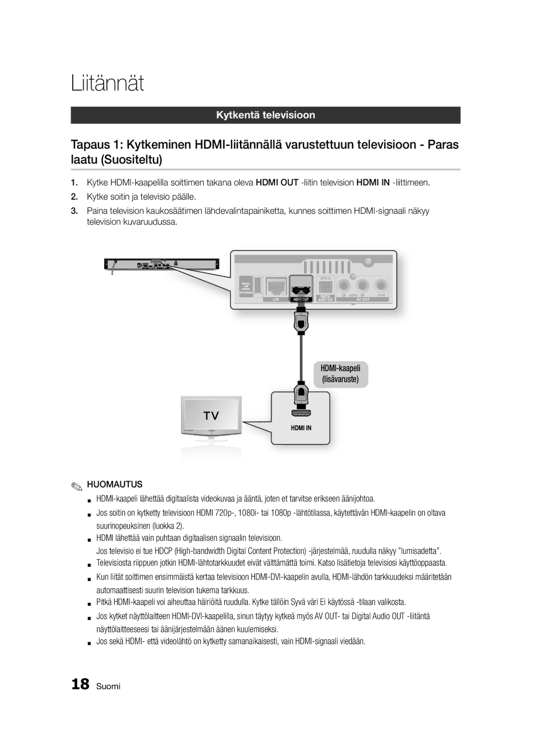 Samsung BD-D5300/XE manual Liitännät, Kytkentä televisioon, Automaattisesti suurin television tukema tarkkuus 