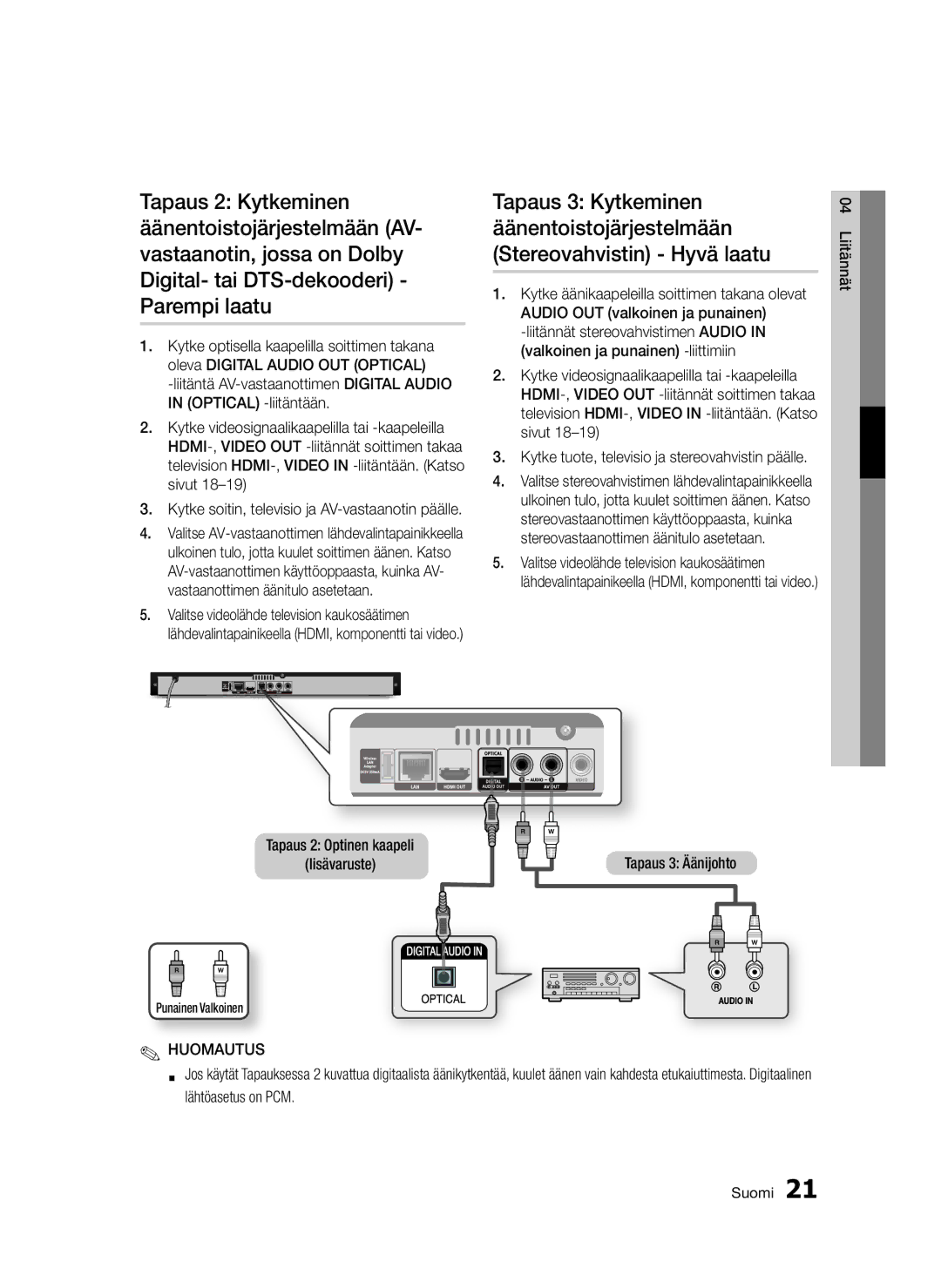 Samsung BD-D5300/XE manual Tapaus 2 Optinen kaapeli Lisävaruste, Tapaus 3 Äänijohto, Punainen Valkoinen 