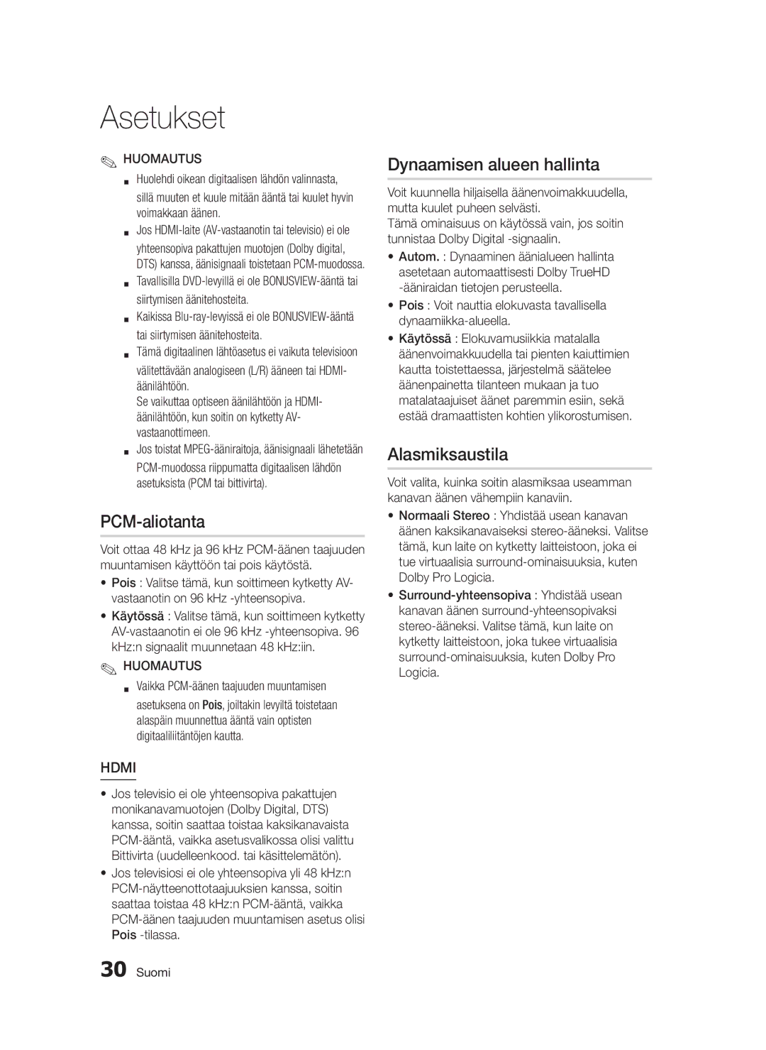 Samsung BD-D5300/XE manual PCM-aliotanta, Dynaamisen alueen hallinta, Alasmiksaustila 