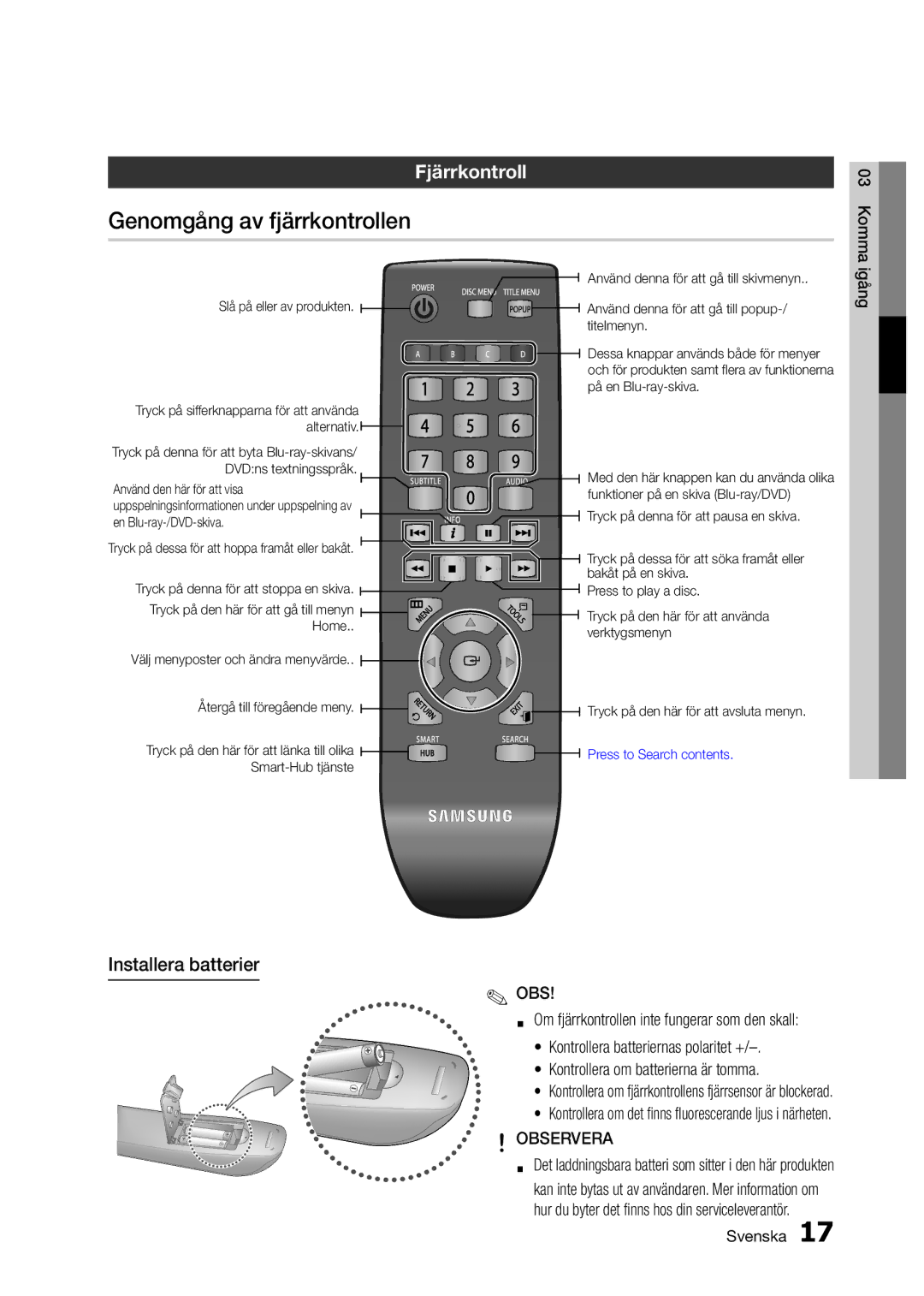 Samsung BD-D5300/XE manual Genomgång av fjärrkontrollen, Fjärrkontroll, Installera batterier, Observera 