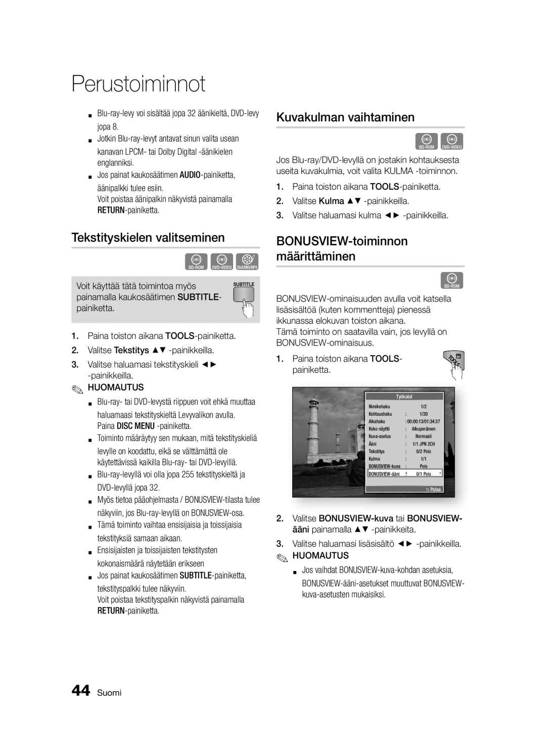 Samsung BD-D5300/XE manual Tekstityskielen valitseminen, Kuvakulman vaihtaminen, BONUSVIEW-toiminnon määrittäminen 