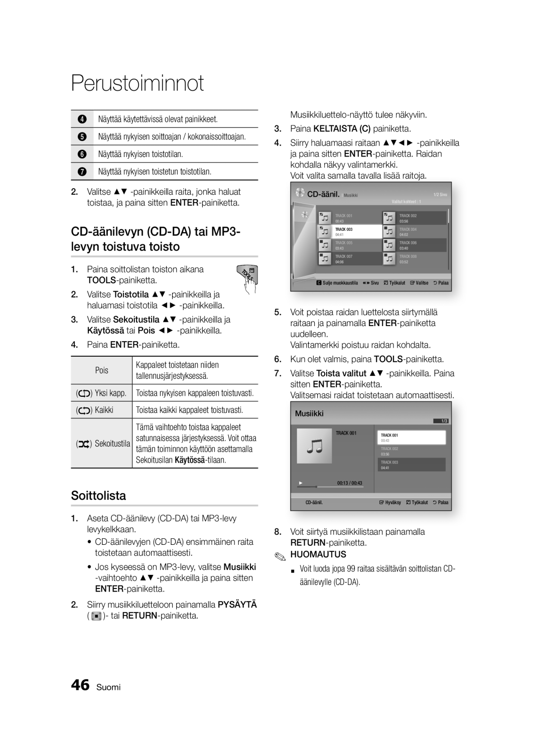 Samsung BD-D5300/XE manual CD-äänilevyn CD-DA tai MP3- levyn toistuva toisto, Soittolista 