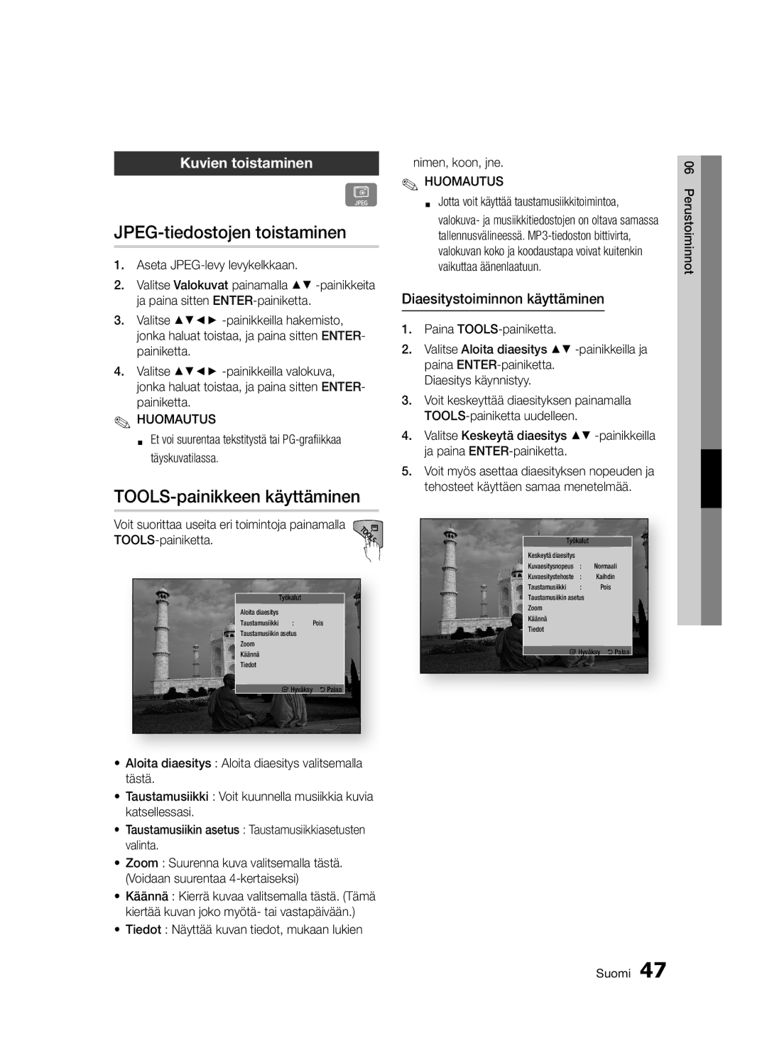 Samsung BD-D5300/XE manual JPEG-tiedostojen toistaminen, TOOLS-painikkeen käyttäminen, Kuvien toistaminen 