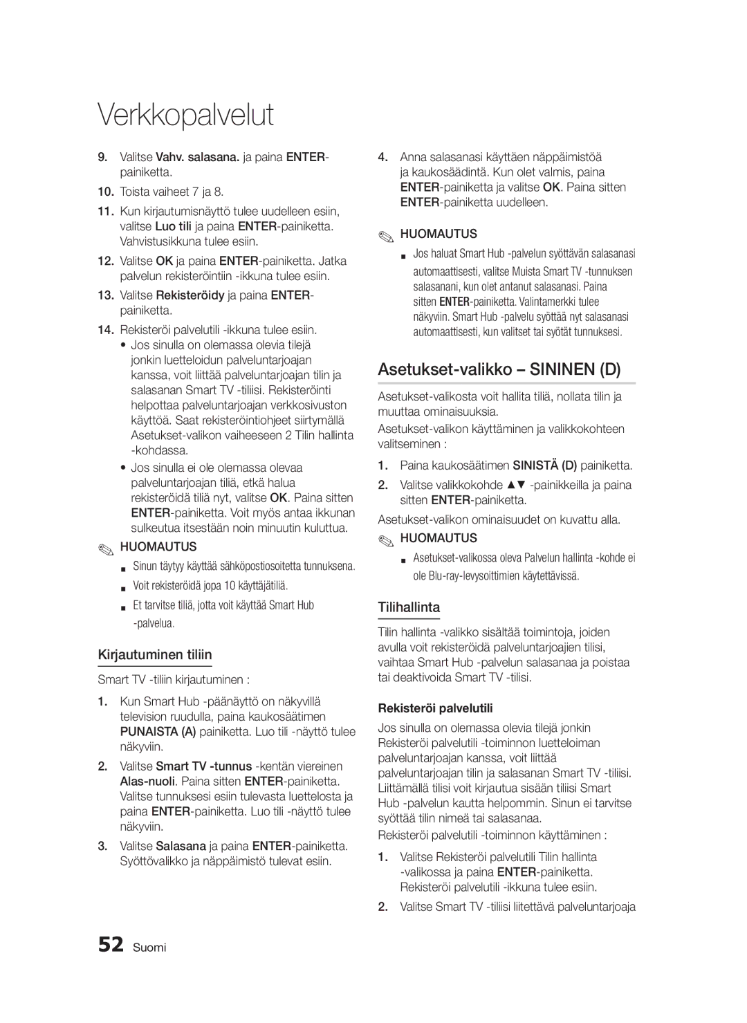 Samsung BD-D5300/XE manual Asetukset-valikko Sininen D, Kirjautuminen tiliin, Tilihallinta, Rekisteröi palvelutili 