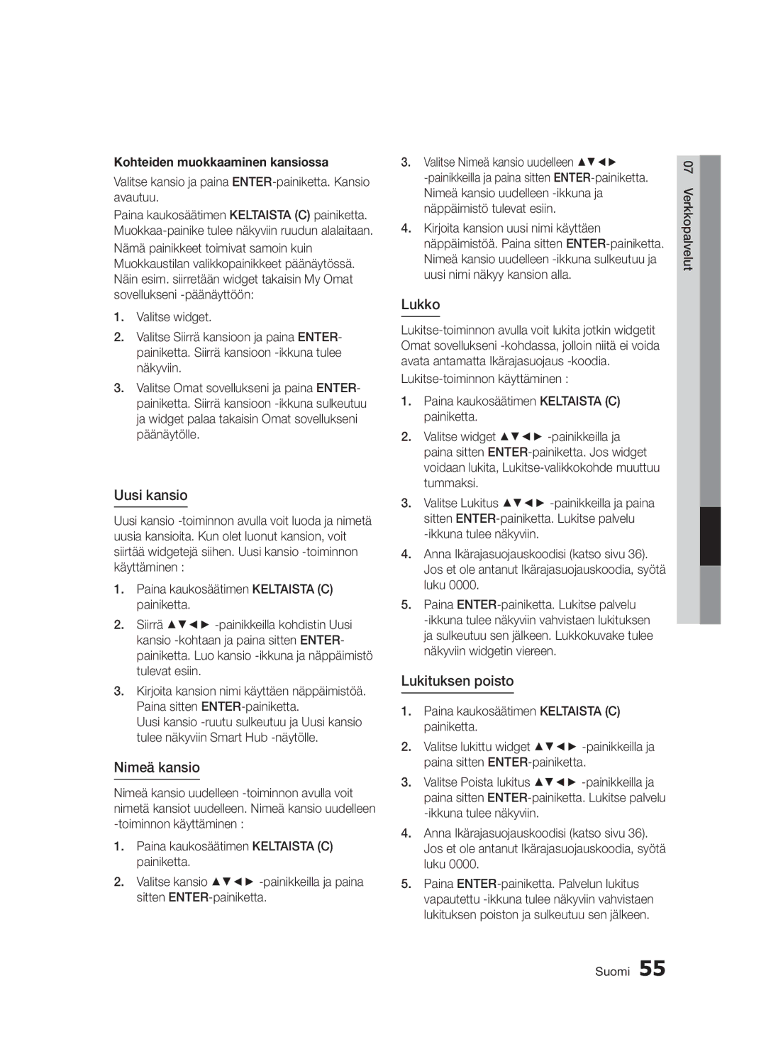 Samsung BD-D5300/XE manual Uusi kansio, Nimeä kansio, Lukko, Lukituksen poisto, Kohteiden muokkaaminen kansiossa 