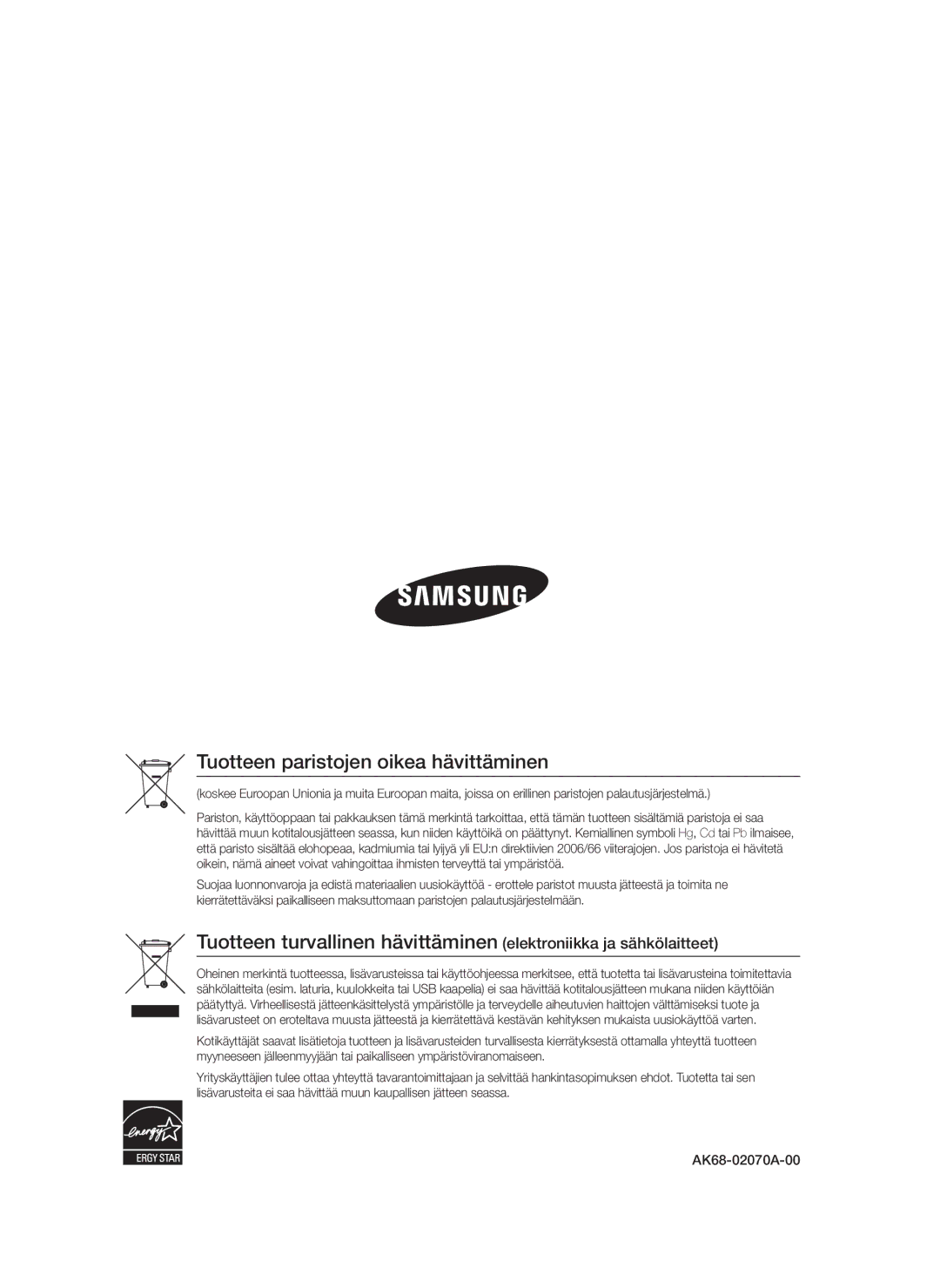 Samsung BD-D5300/XE manual Tuotteen paristojen oikea hävittäminen 