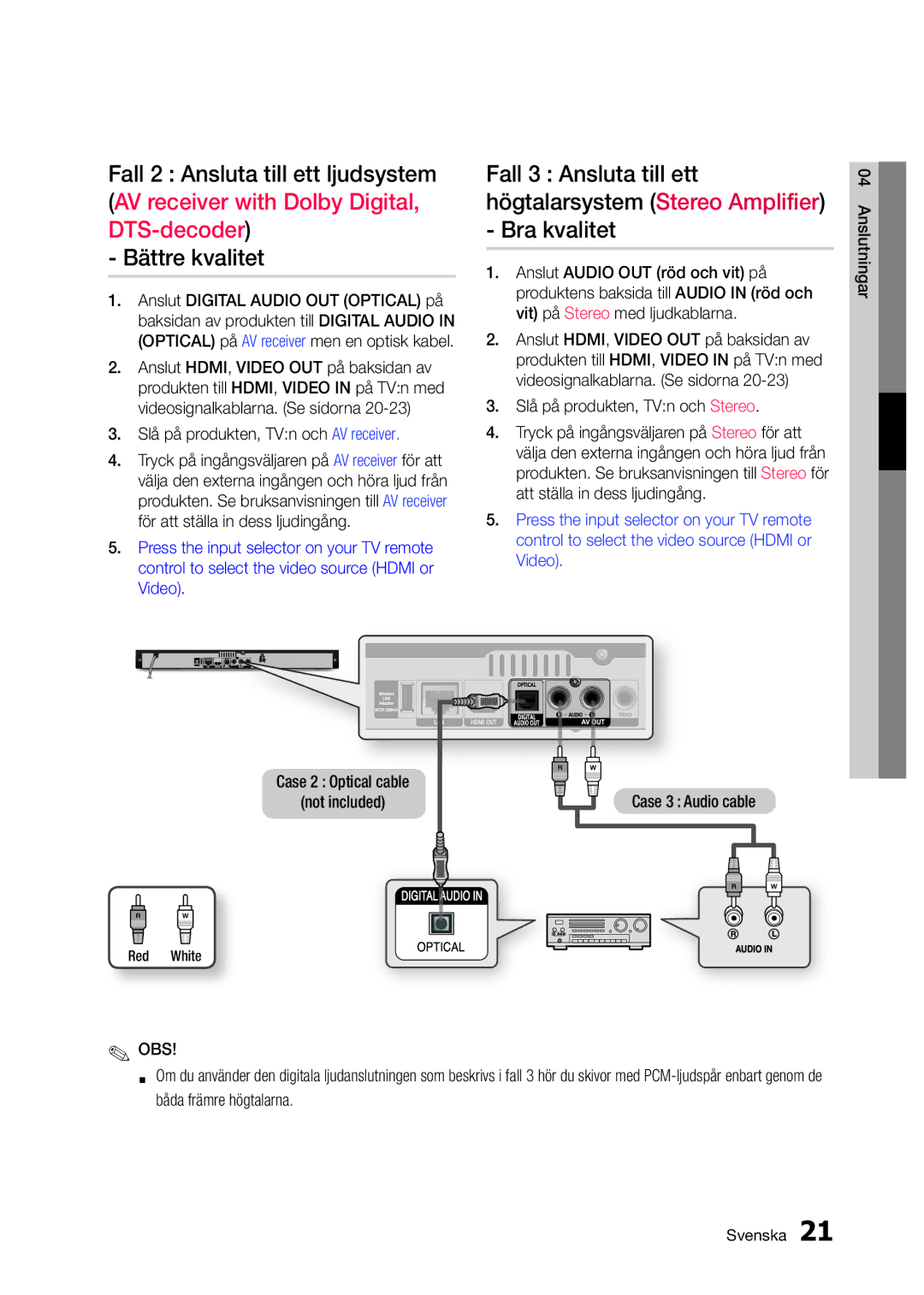 Samsung BD-D5300/XE manual Case 2 Optical cable Not included, Case 3 Audio cable, Red White 