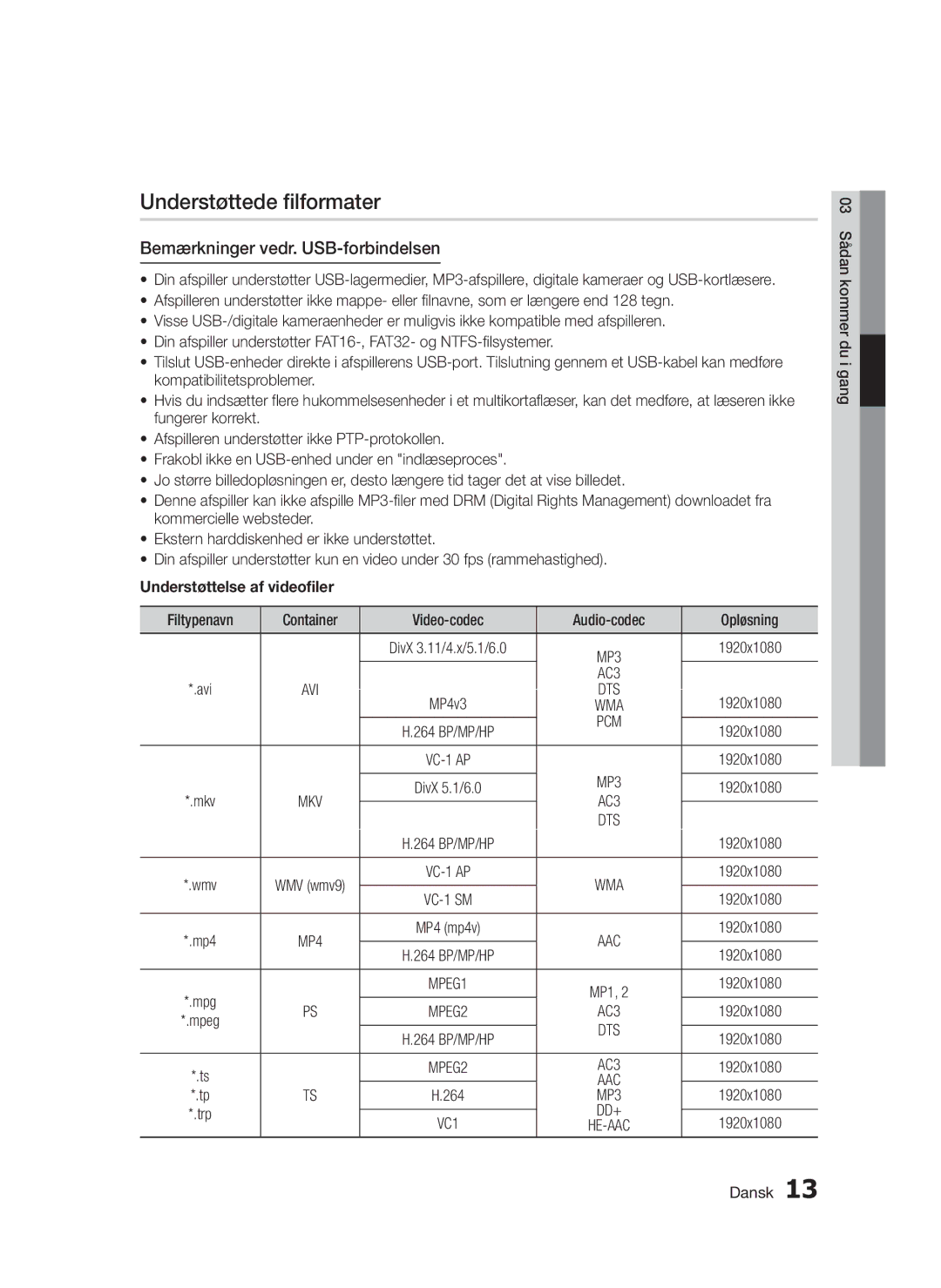 Samsung BD-D5300/XE manual Understøttede filformater, Bemærkninger vedr. USB-forbindelsen, Understøttelse af videofiler 