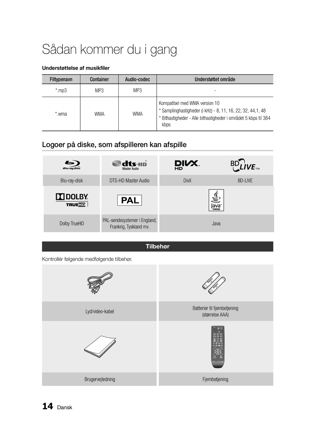 Samsung BD-D5300/XE manual Logoer på diske, som afspilleren kan afspille, Tilbehør, Kbps 