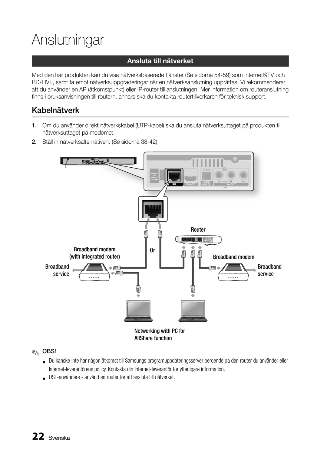 Samsung BD-D5300/XE manual Kabelnätverk, Ansluta till nätverket, Service Networking with PC for AllShare function OBS 