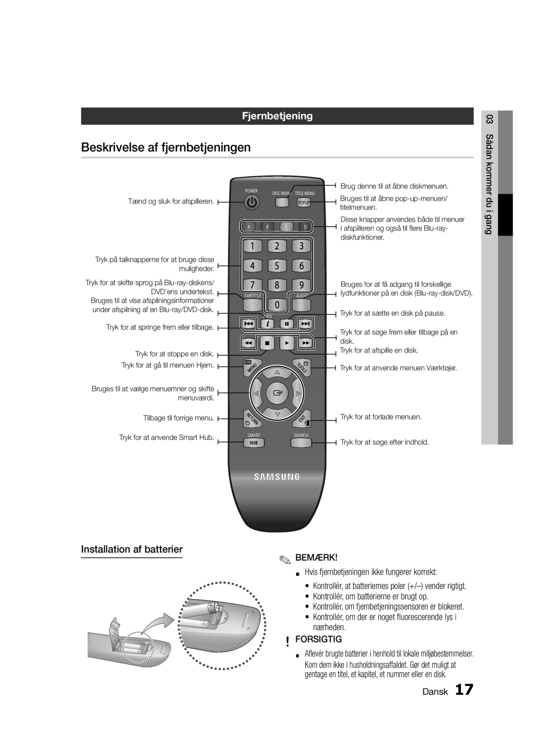 Samsung BD-D5300/XE manual Beskrivelse af fjernbetjeningen, Fjernbetjening, Installation af batterierBEMÆRK, Forsigtig 