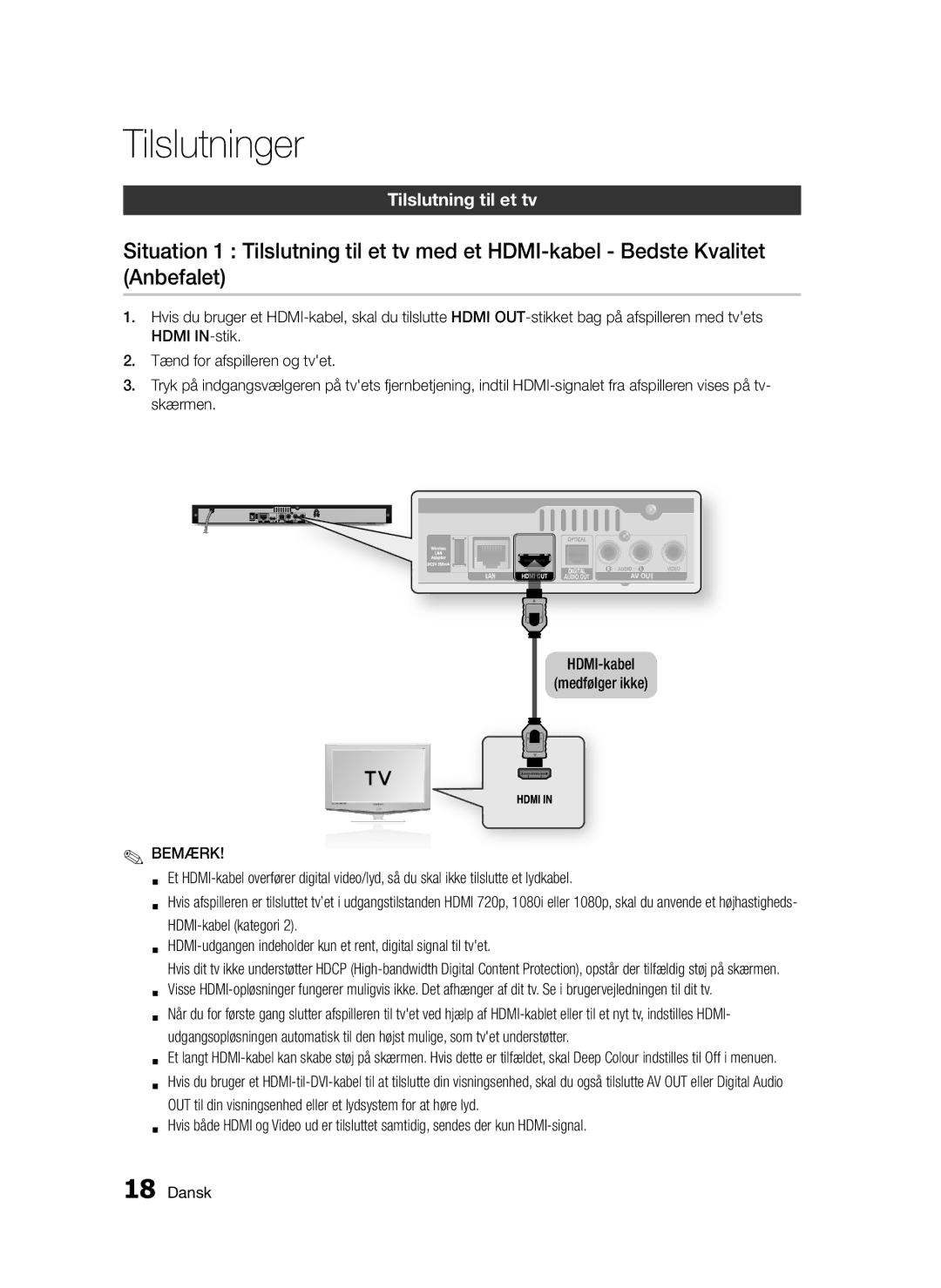 Samsung BD-D5300/XE manual Tilslutninger, Tilslutning til et tv 