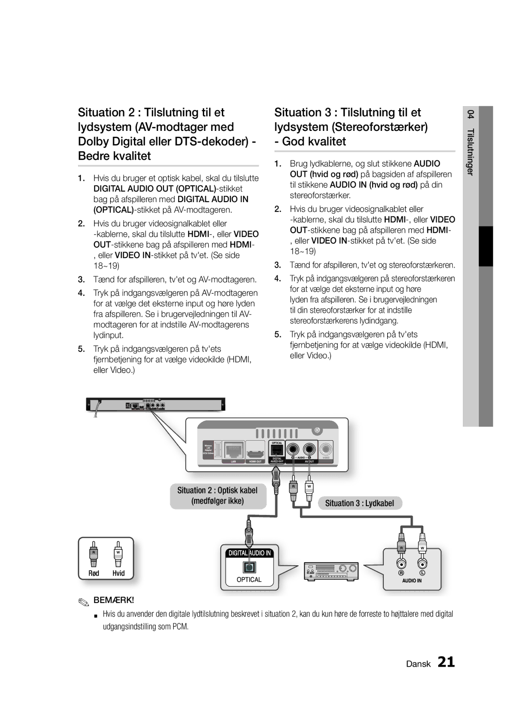 Samsung BD-D5300/XE manual Tænd for afspilleren, tvet og stereoforstærkeren, Rød Hvid 