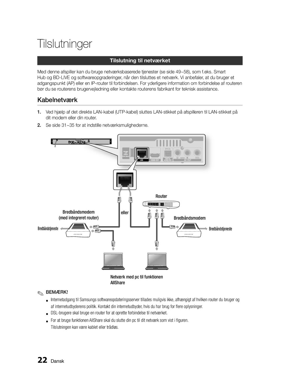 Samsung BD-D5300/XE Kabelnetværk, Tilslutning til netværket, Eller Bredbåndsmodem, Netværk med pc til funktionen AllShare 