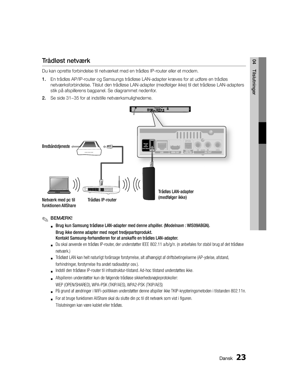 Samsung BD-D5300/XE manual Trådløst netværk, Tilslutningen kan være kablet eller trådløs Dansk 