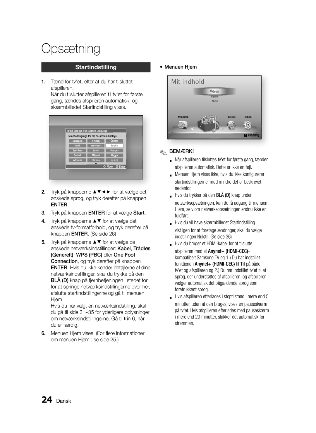 Samsung BD-D5300/XE manual Opsætning, Startindstilling, Tænd for tvet, efter at du har tilsluttet afspilleren, Menuen Hjem 