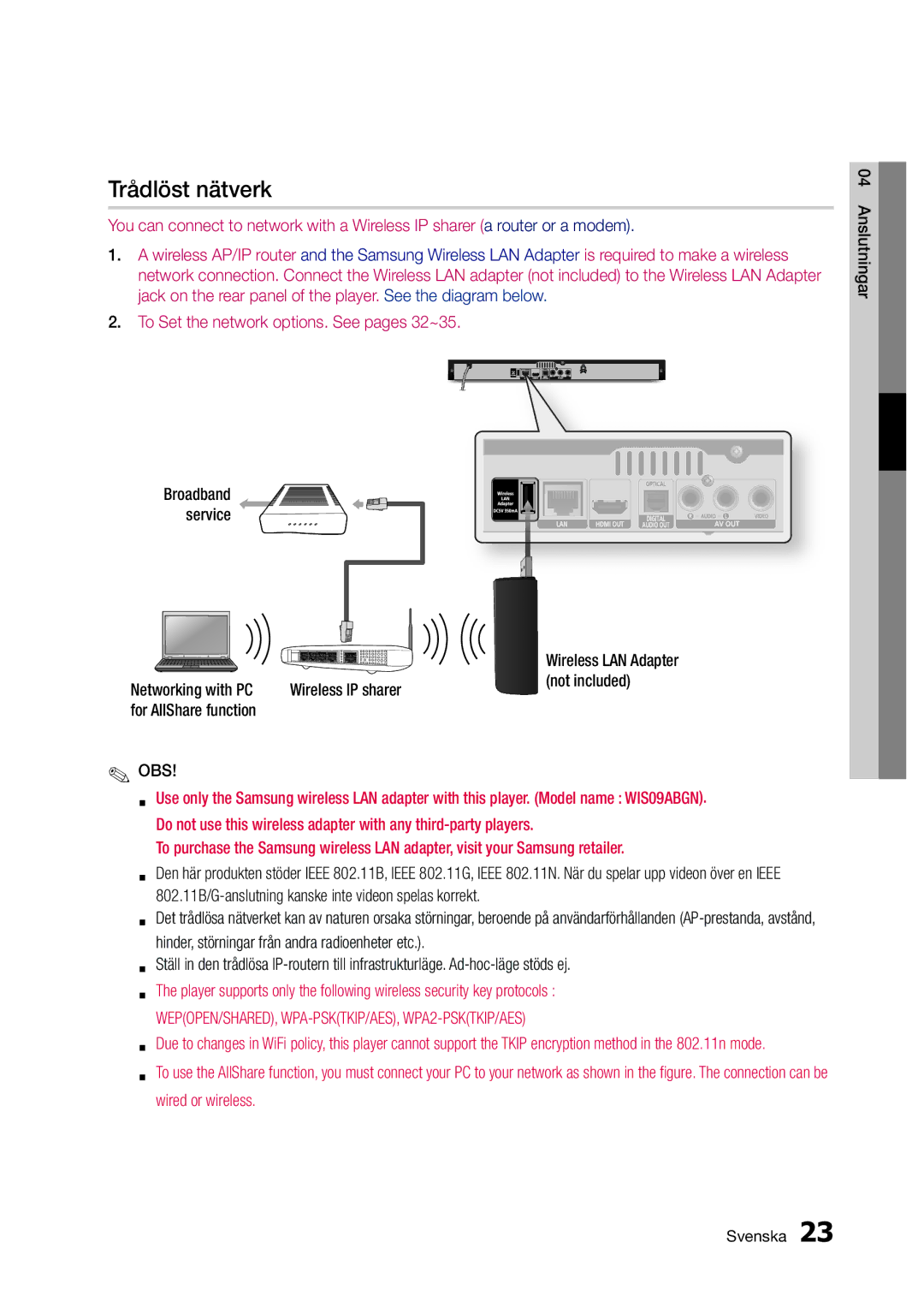 Samsung BD-D5300/XE manual Trådlöst nätverk, Broadband service, 802.11B/G-anslutning kanske inte videon spelas korrekt 