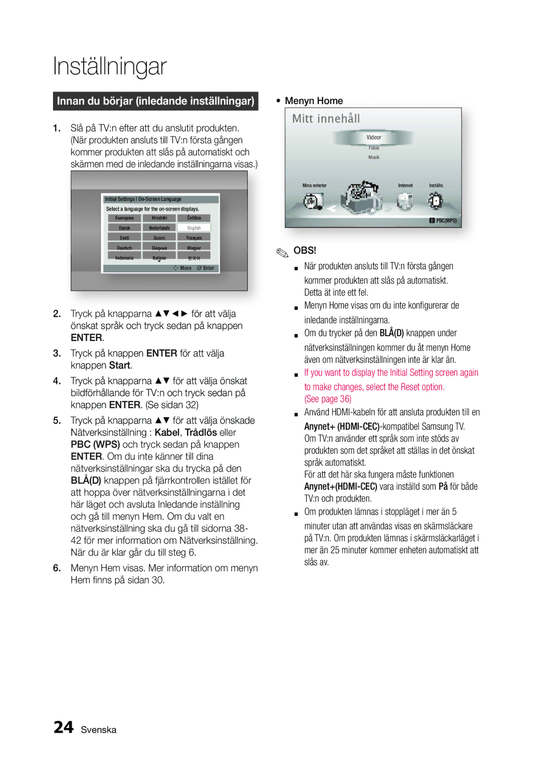 Samsung BD-D5300/XE manual Inställningar, Innan du börjar inledande inställningar, Enter 