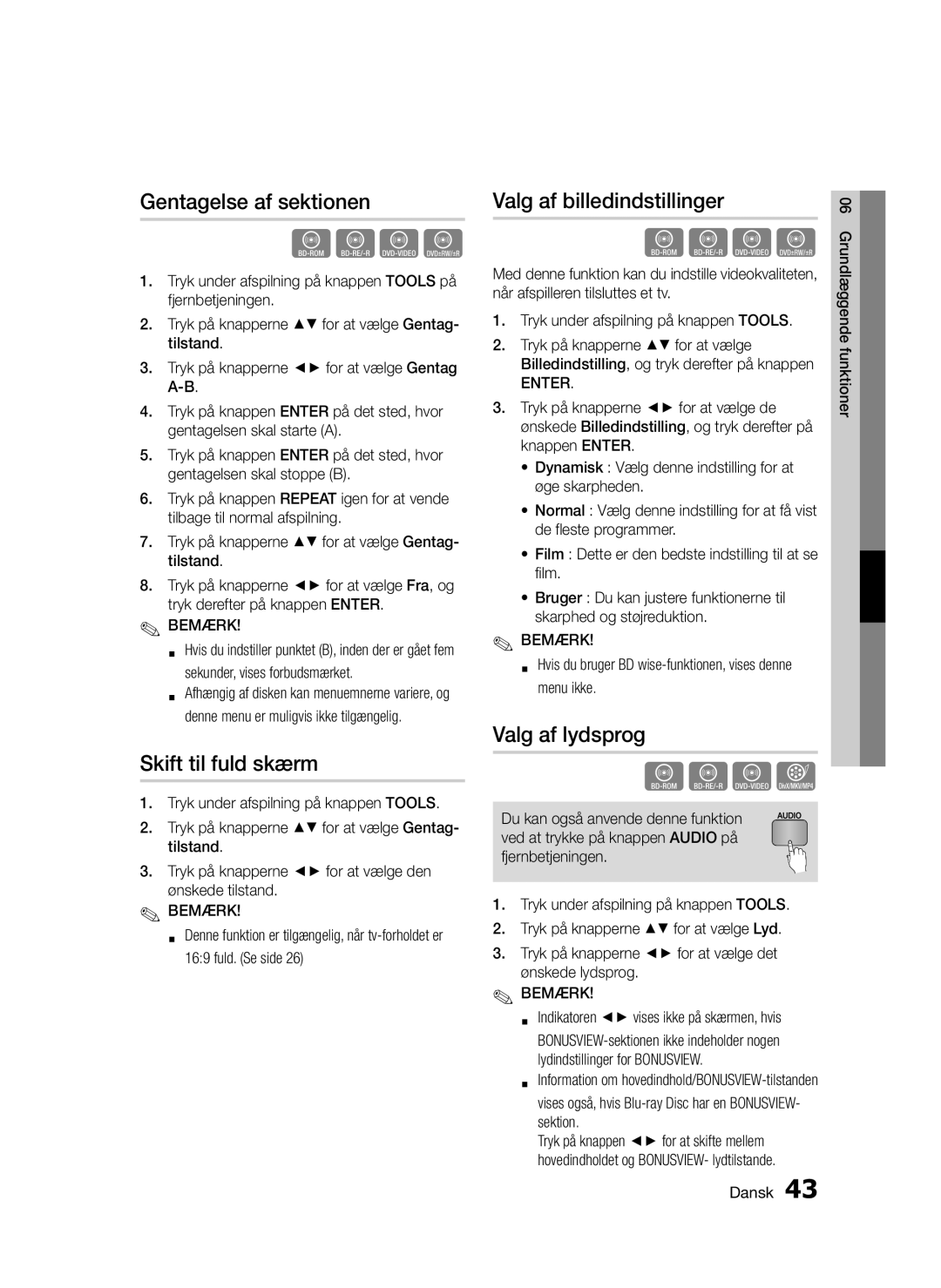 Samsung BD-D5300/XE manual Gentagelse af sektionen, Valg af billedindstillinger, Skift til fuld skærm, Valg af lydsprog 