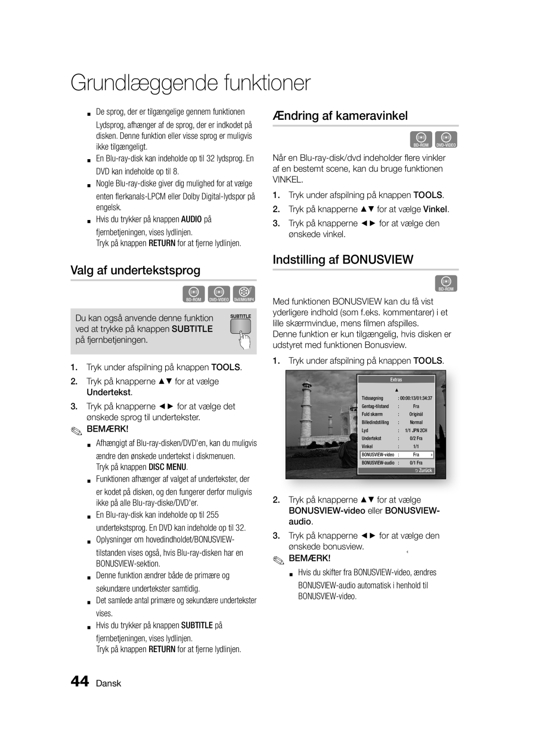 Samsung BD-D5300/XE manual Valg af undertekstsprog, Ændring af kameravinkel, Indstilling af Bonusview 