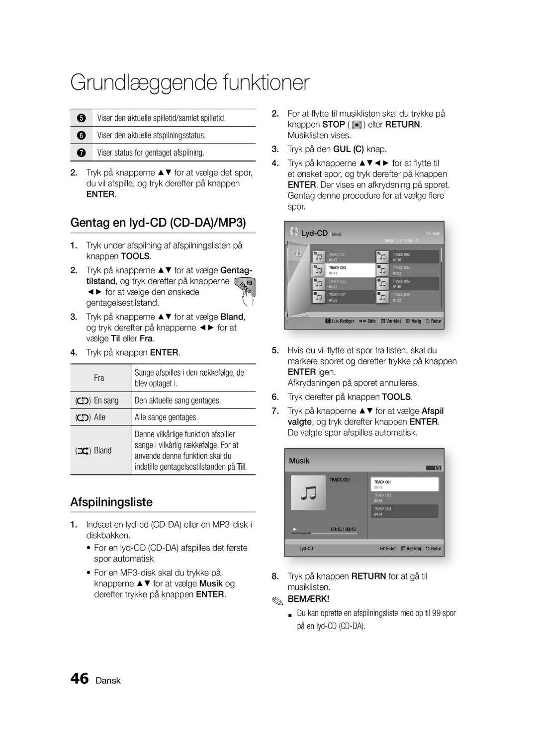 Samsung BD-D5300/XE manual Gentag en lyd-CD CD-DA/MP3, Afspilningsliste 