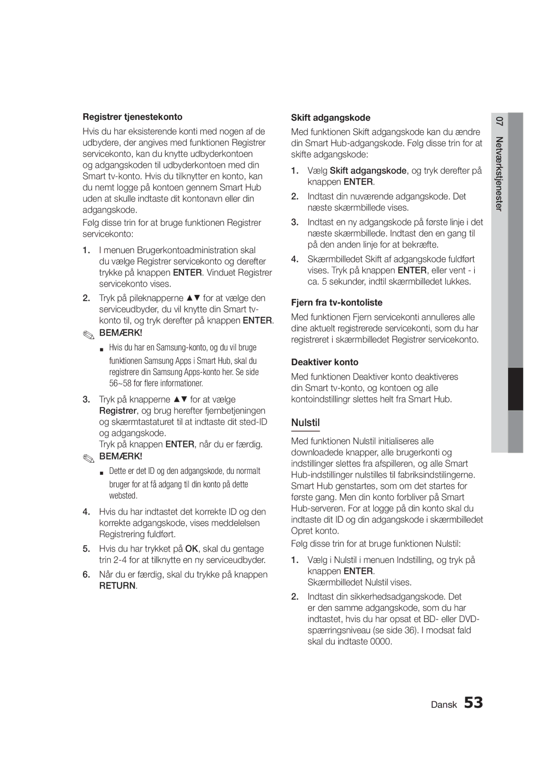 Samsung BD-D5300/XE manual Nulstil, Return, Skift adgangskode 