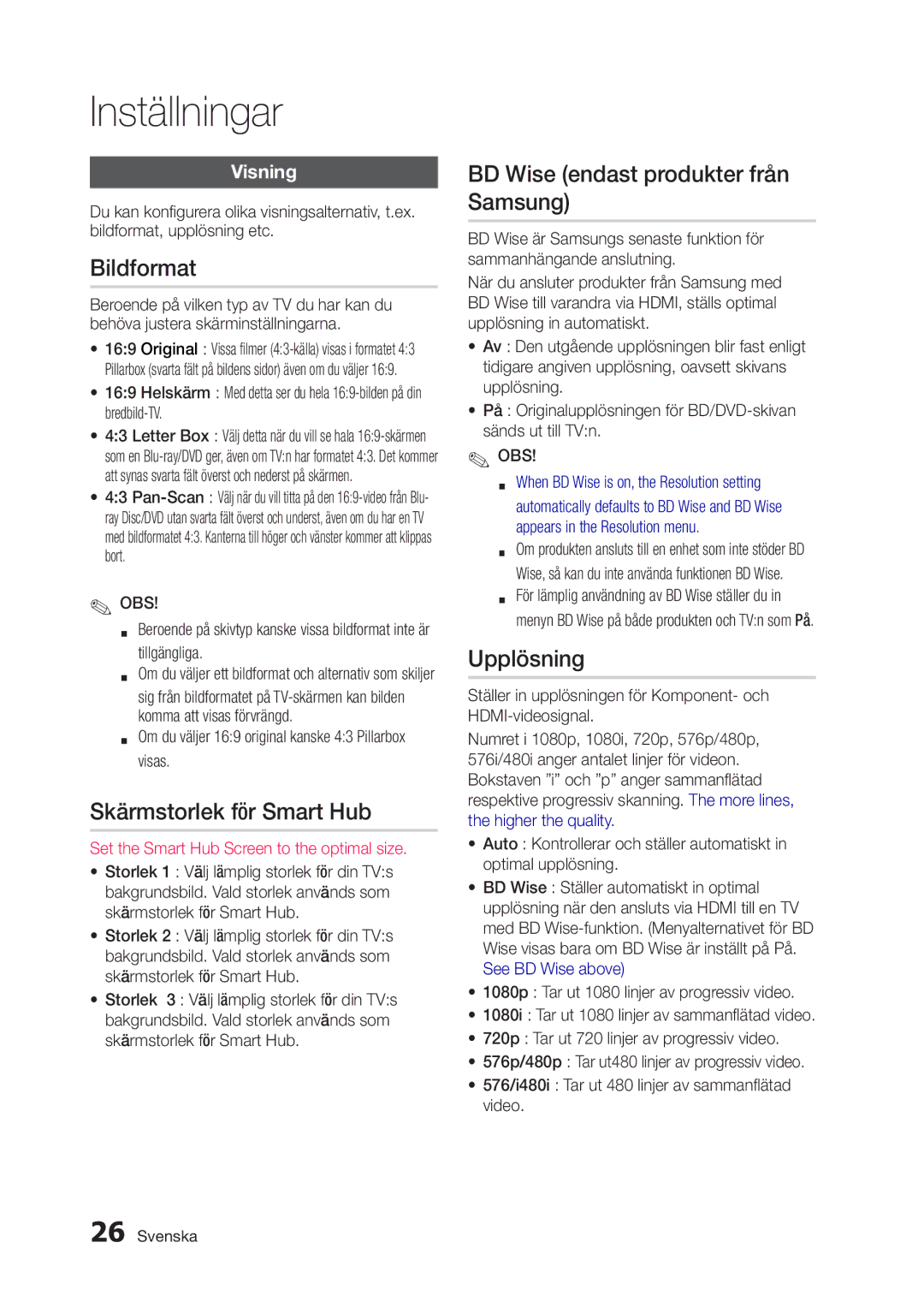 Samsung BD-D5300/XE Bildformat, Skärmstorlek för Smart Hub, BD Wise endast produkter från Samsung, Upplösning, Visning 