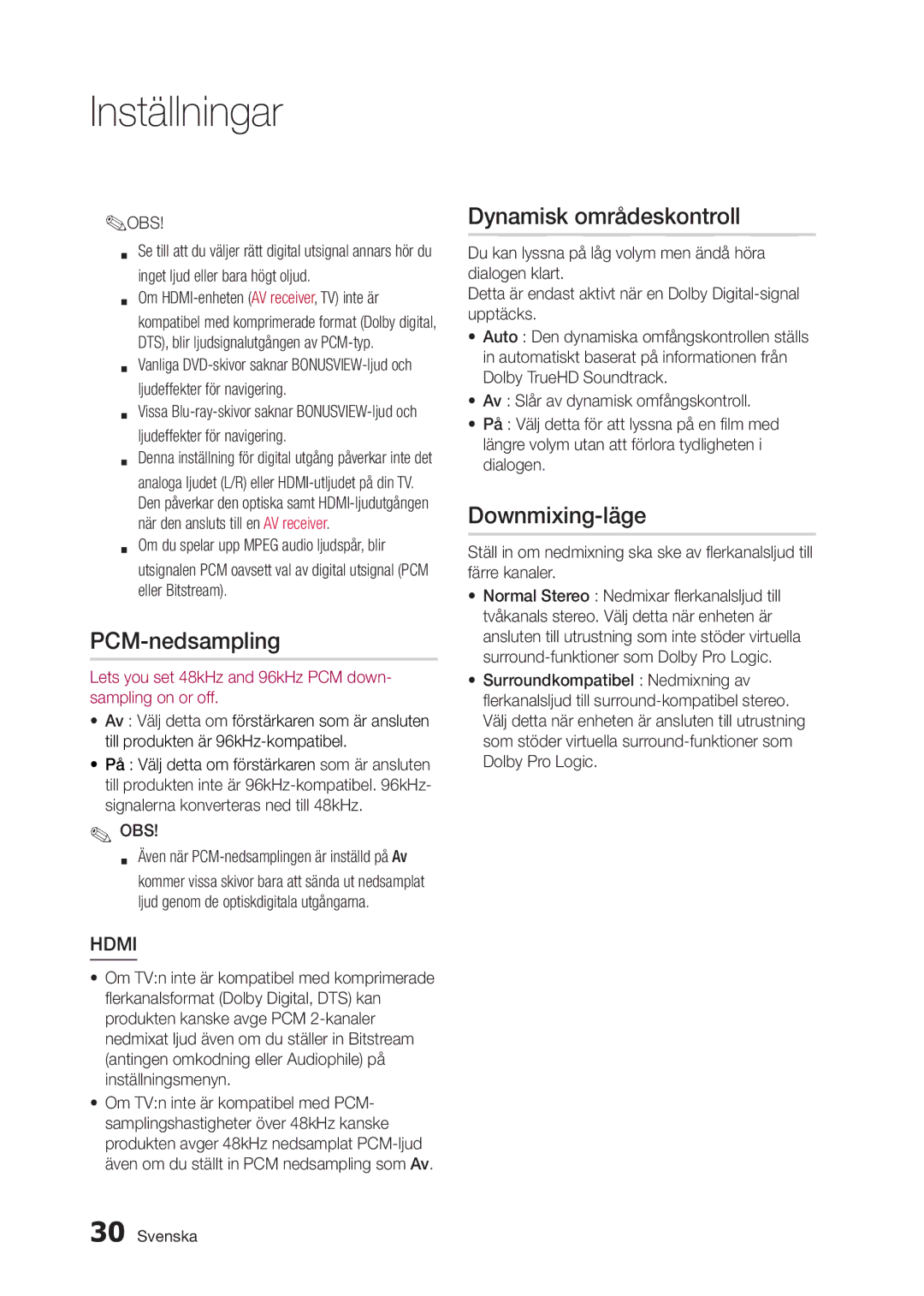 Samsung BD-D5300/XE manual PCM-nedsampling, Dynamisk områdeskontroll, Downmixing-läge 