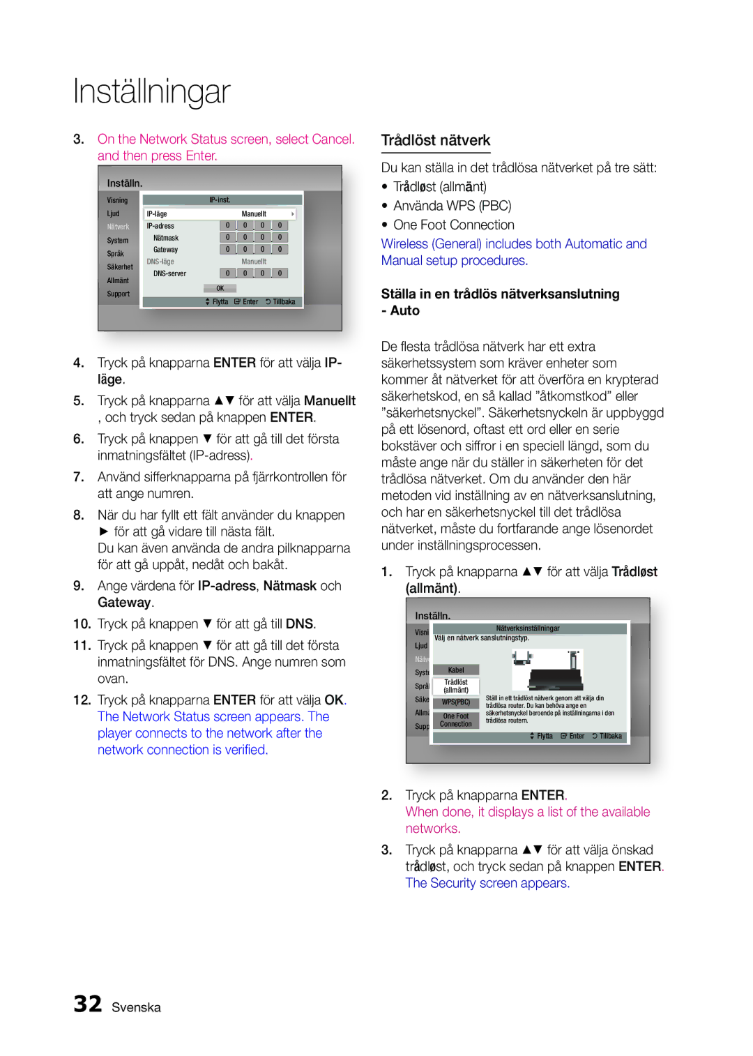 Samsung BD-D5300/XE manual Trådlöst nätverk, Tryck på knapparna Enter för att välja IP- läge 