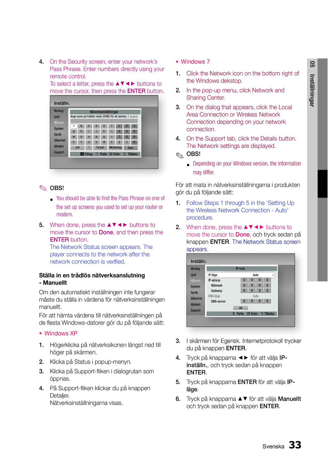 Samsung BD-D5300/XE manual Ställa in en trådlös nätverksanslutning Manuellt 