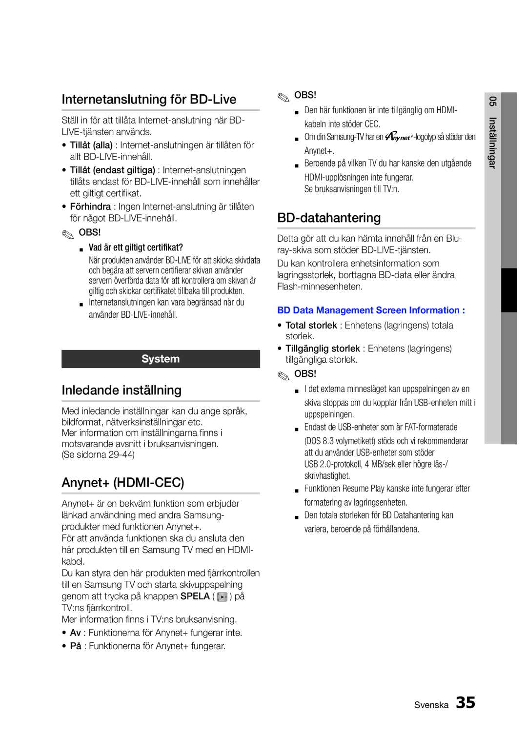 Samsung BD-D5300/XE Internetanslutning för BD-Live, Inledande inställning, Anynet+ HDMI-CEC, BD-datahantering, System 