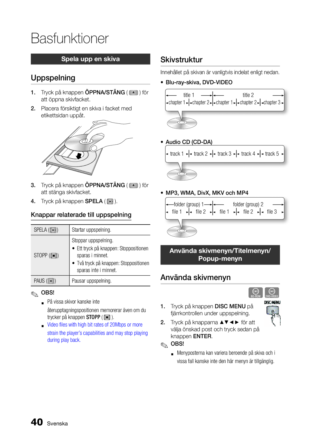 Samsung BD-D5300/XE manual Basfunktioner, Skivstruktur, Uppspelning, Använda skivmenyn 