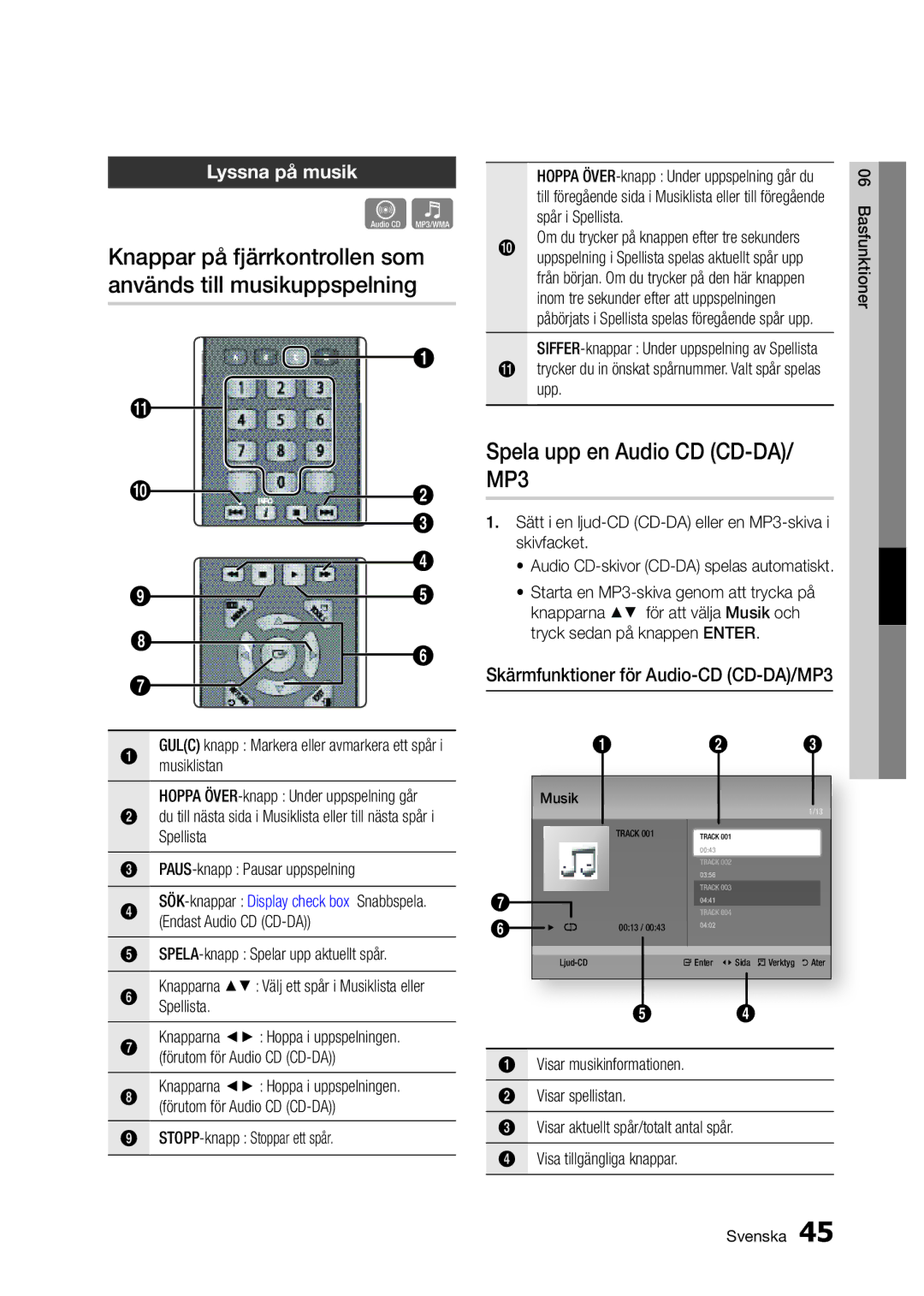 Samsung BD-D5300/XE manual Lyssna på musik, Skärmfunktioner för Audio-CD CD-DA/MP3, Musiklistan 