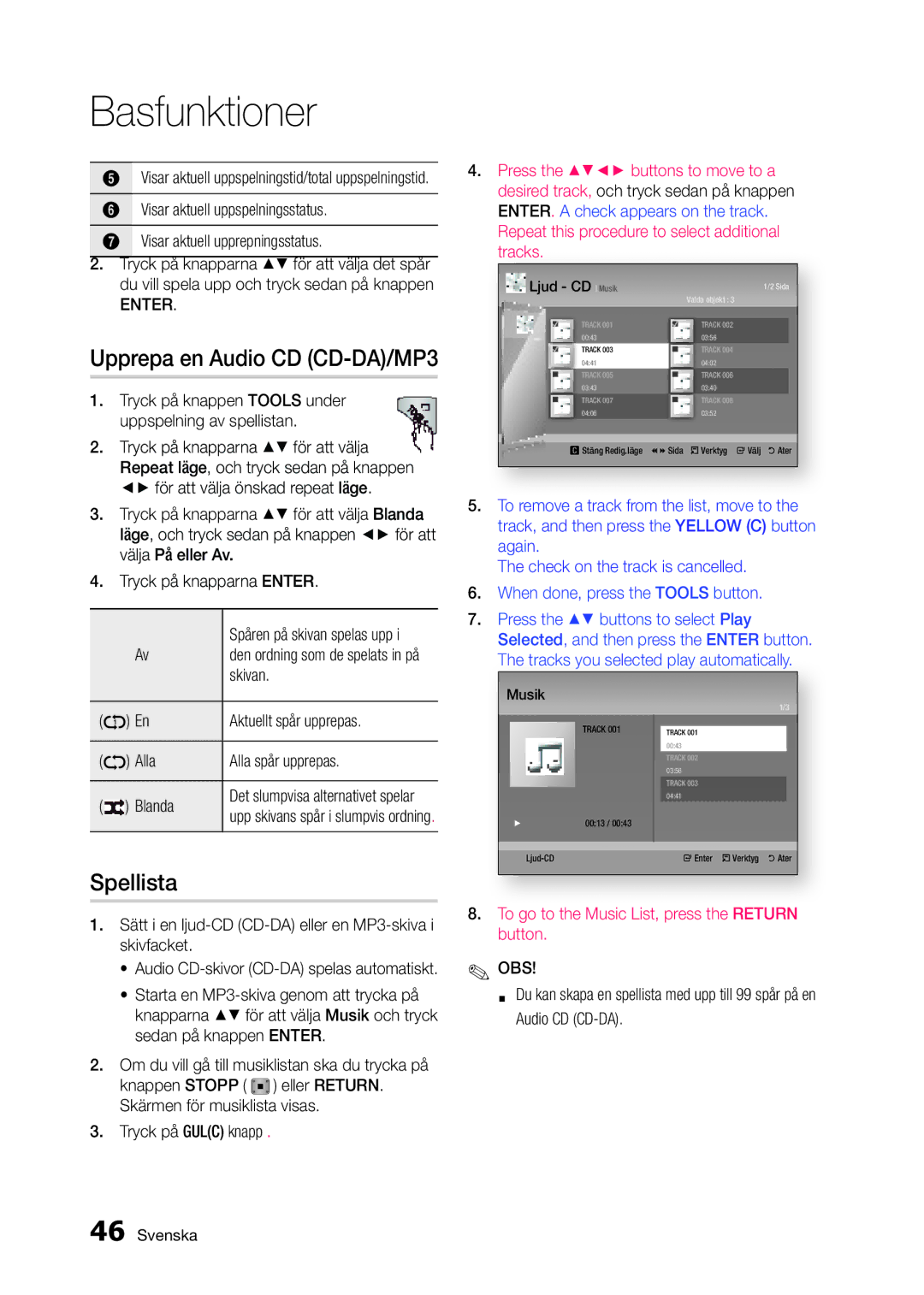 Samsung BD-D5300/XE manual Upprepa en Audio CD CD-DA/MP3, Spellista 