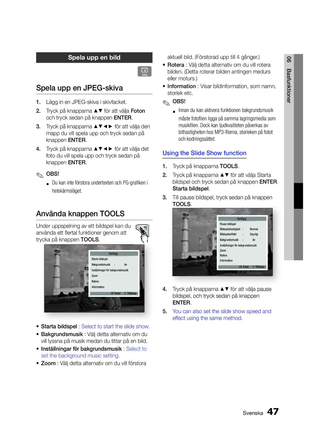 Samsung BD-D5300/XE Spela upp en JPEG-skiva, Använda knappen Tools, Spela upp en bild, Lägg in en JPEG-skiva i skivfacket 