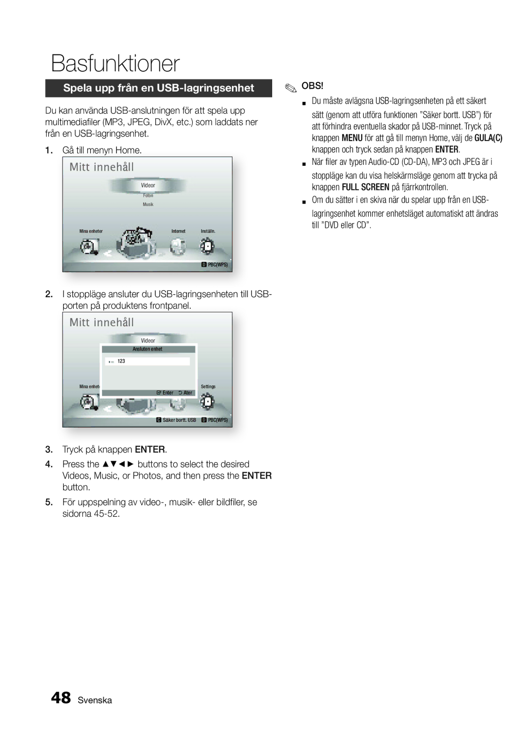 Samsung BD-D5300/XE manual Spela upp från en USB-lagringsenhet 