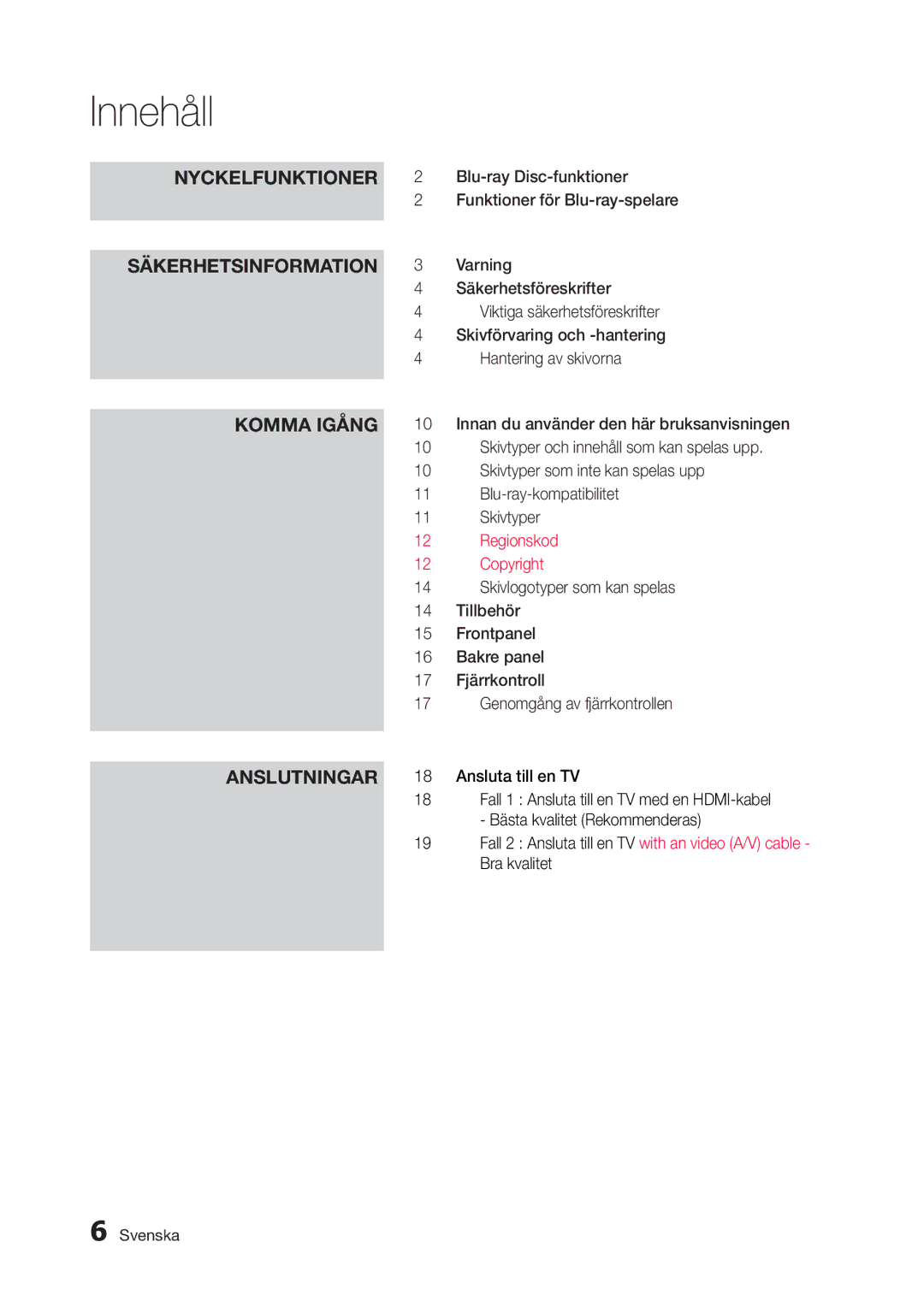 Samsung BD-D5300/XE manual Innehåll, Nyckelfunktioner, Säkerhetsinformation, Komma Igång, Anslutningar 