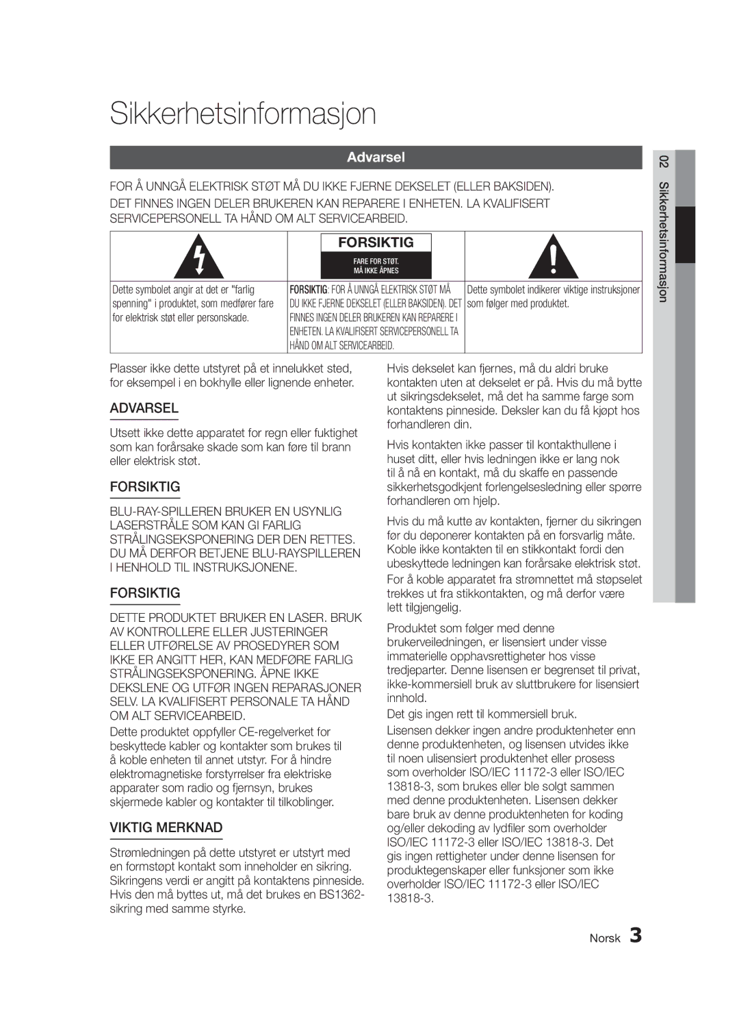 Samsung BD-D5300/XE manual Sikkerhetsinformasjon, Forsiktig, For elektrisk støt eller personskade 