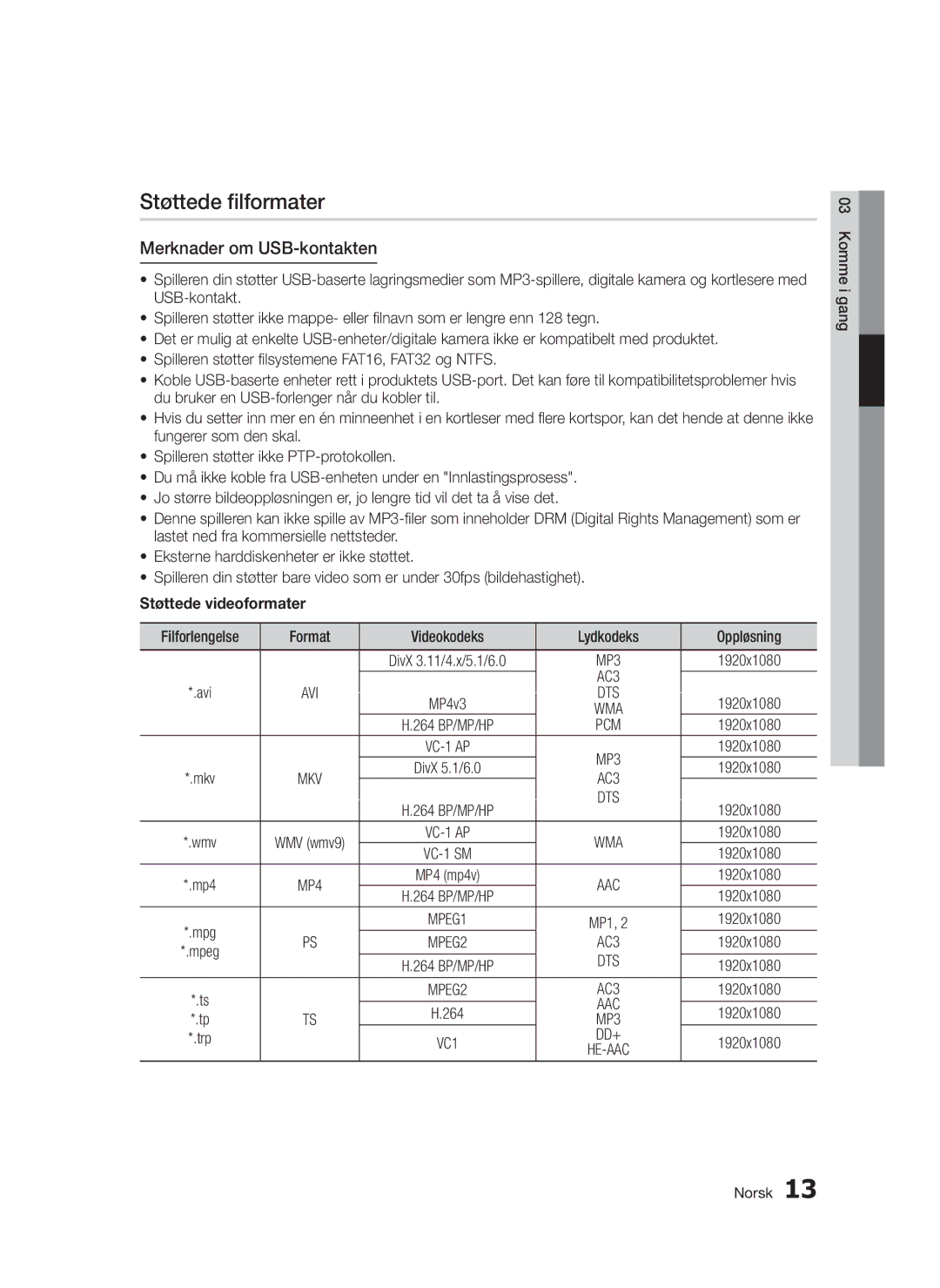 Samsung BD-D5300/XE manual Støttede filformater, Merknader om USB-kontakten, Støttede videoformater, AC3, Dd+ 