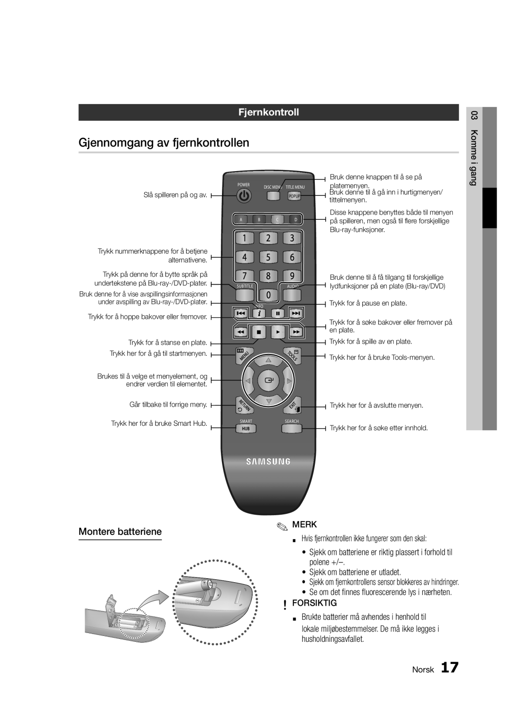 Samsung BD-D5300/XE Gjennomgang av fjernkontrollen, Fjernkontroll, Montere batteriene, Forsiktig, Slå spilleren på og av 