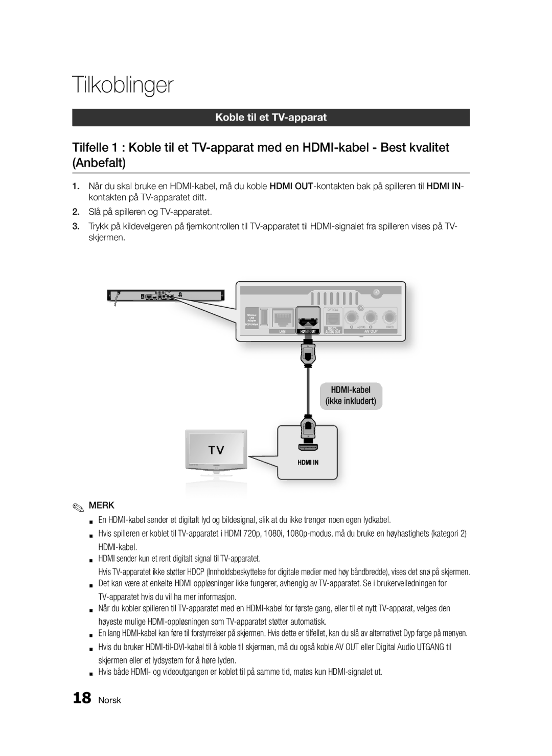 Samsung BD-D5300/XE manual Tilkoblinger, Koble til et TV-apparat, TV-apparatet hvis du vil ha mer informasjon 