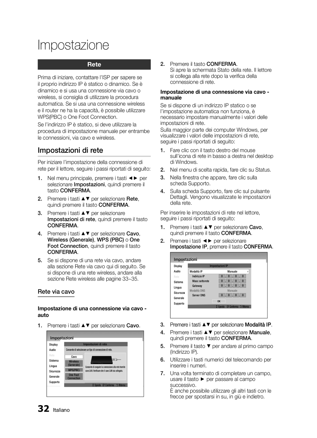 Samsung BD-D5300/ZF manual Impostazioni di rete, Rete via cavo, Impostazione di una connessione via cavo auto 