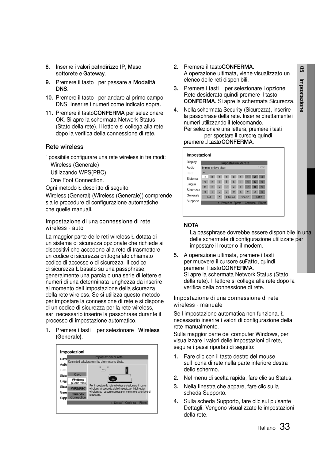 Samsung BD-D5300/ZF manual Rete wireless, Impostazione di una connessione di rete wireless auto, Premere il tasto Conferma 