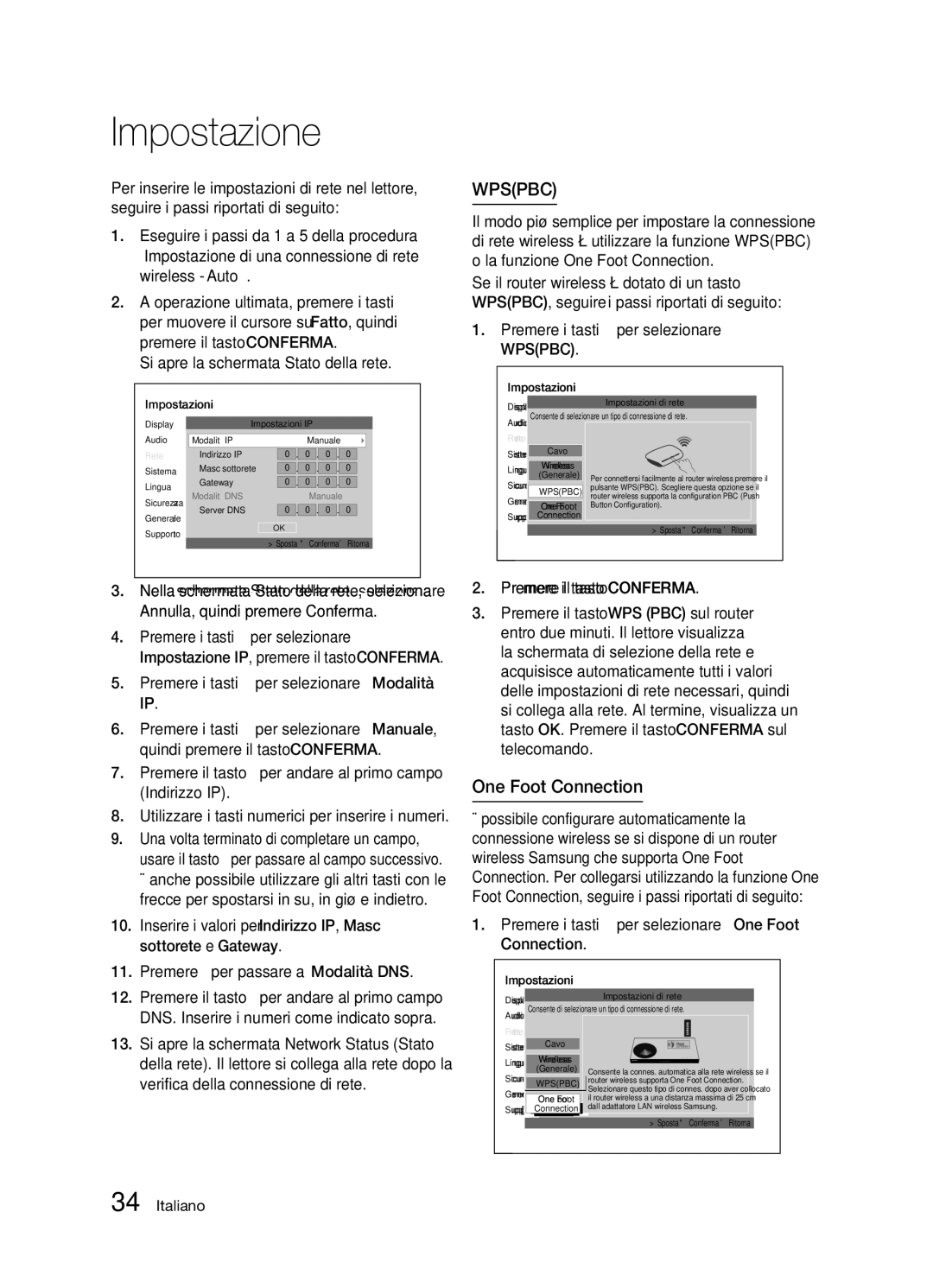 Samsung BD-D5300/ZF manual One Foot Connection, Premere i tasti per selezionare Wpspbc 