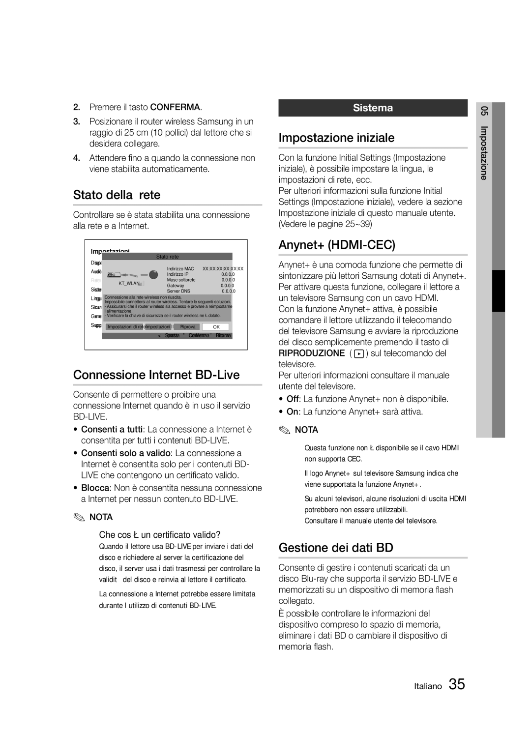 Samsung BD-D5300/ZF Stato della rete, Connessione Internet BD-Live, Impostazione iniziale, Gestione dei dati BD, Sistema 