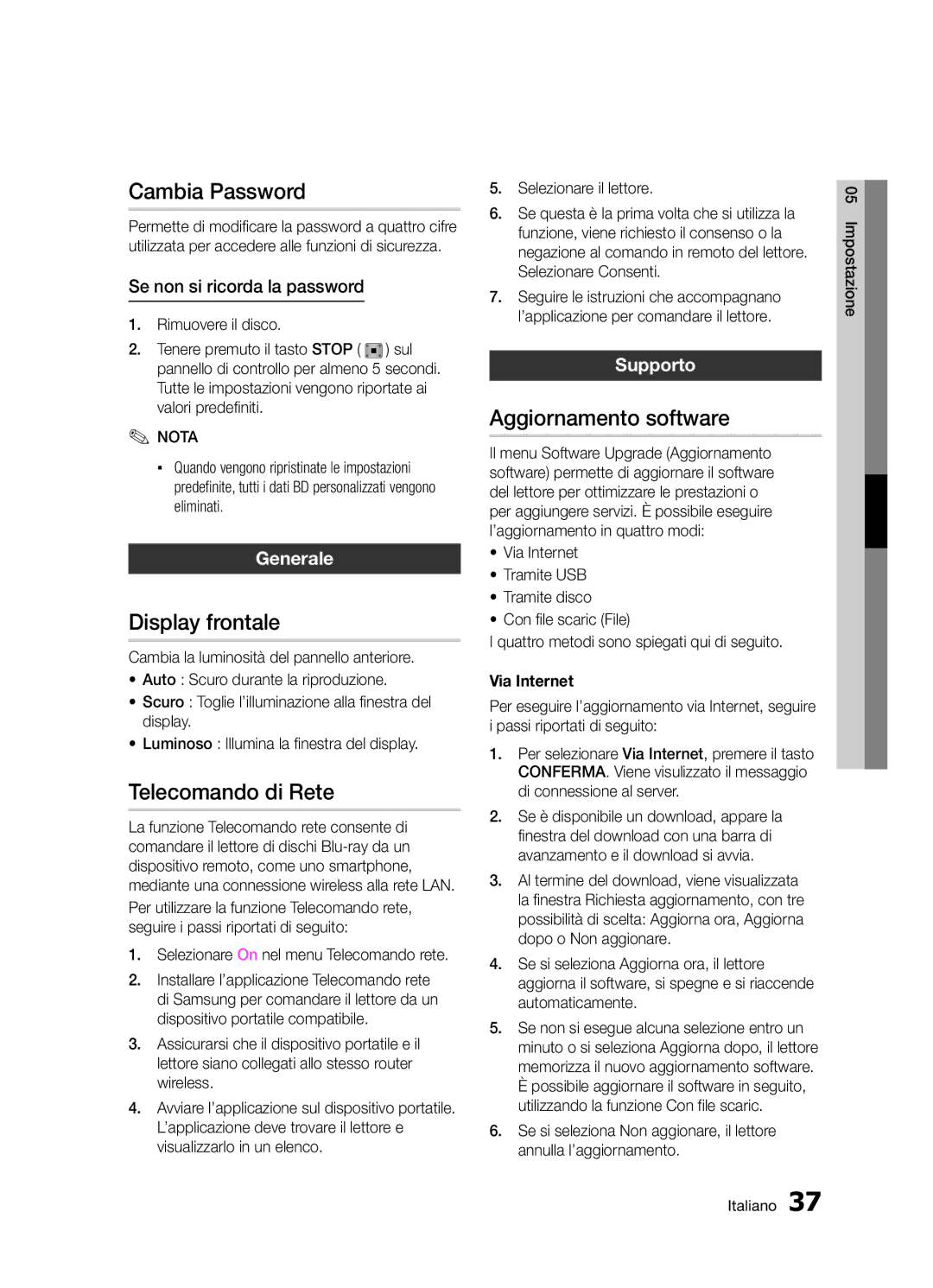 Samsung BD-D5300/ZF manual Cambia Password, Display frontale, Telecomando di Rete, Aggiornamento software 