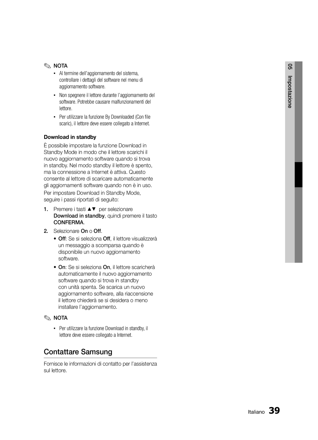 Samsung BD-D5300/ZF manual Contattare Samsung, Download in standby 